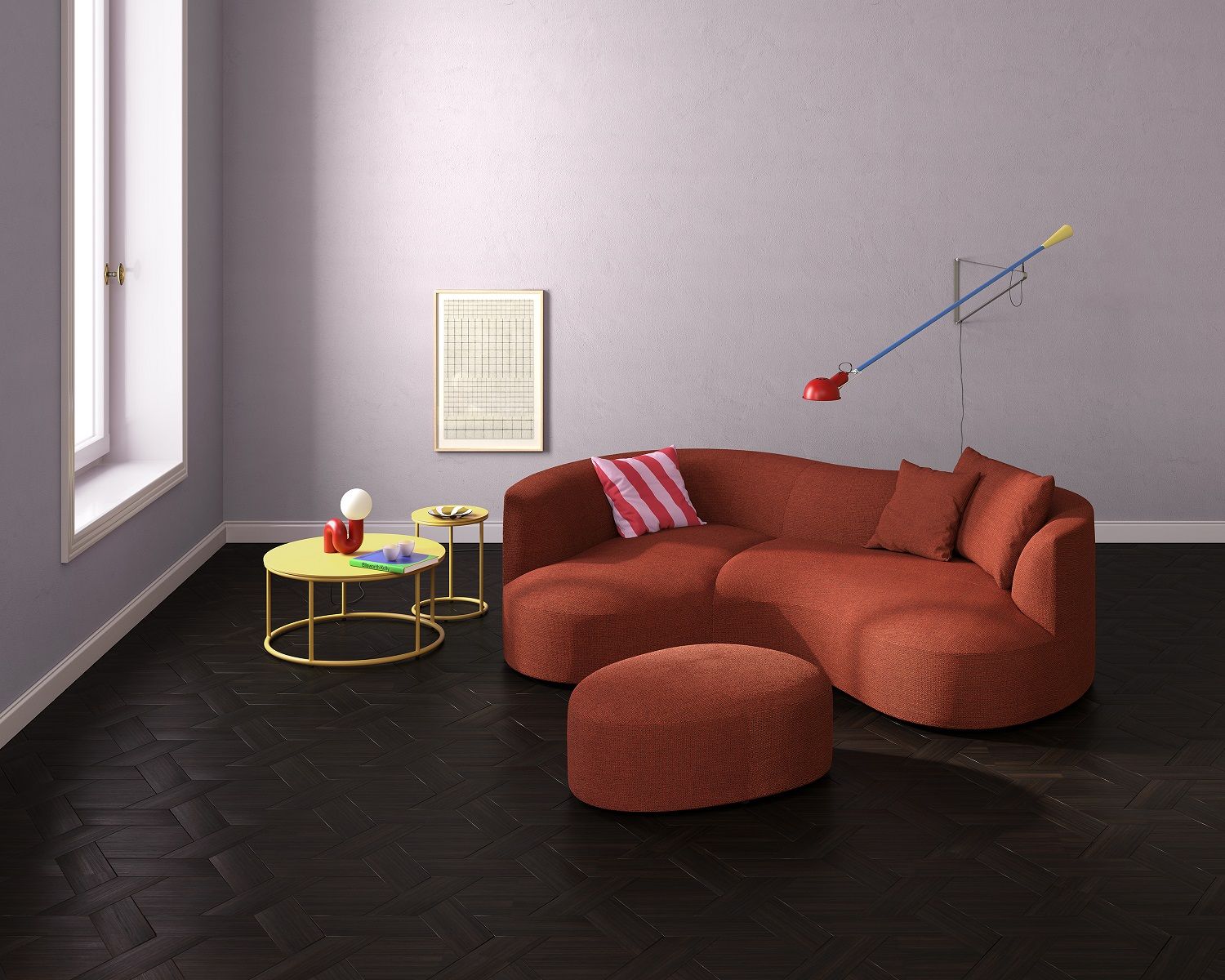 Siwa Sofa mit Liege in Rotbraun, modernes Design mit passendem Hocker und Kissen.