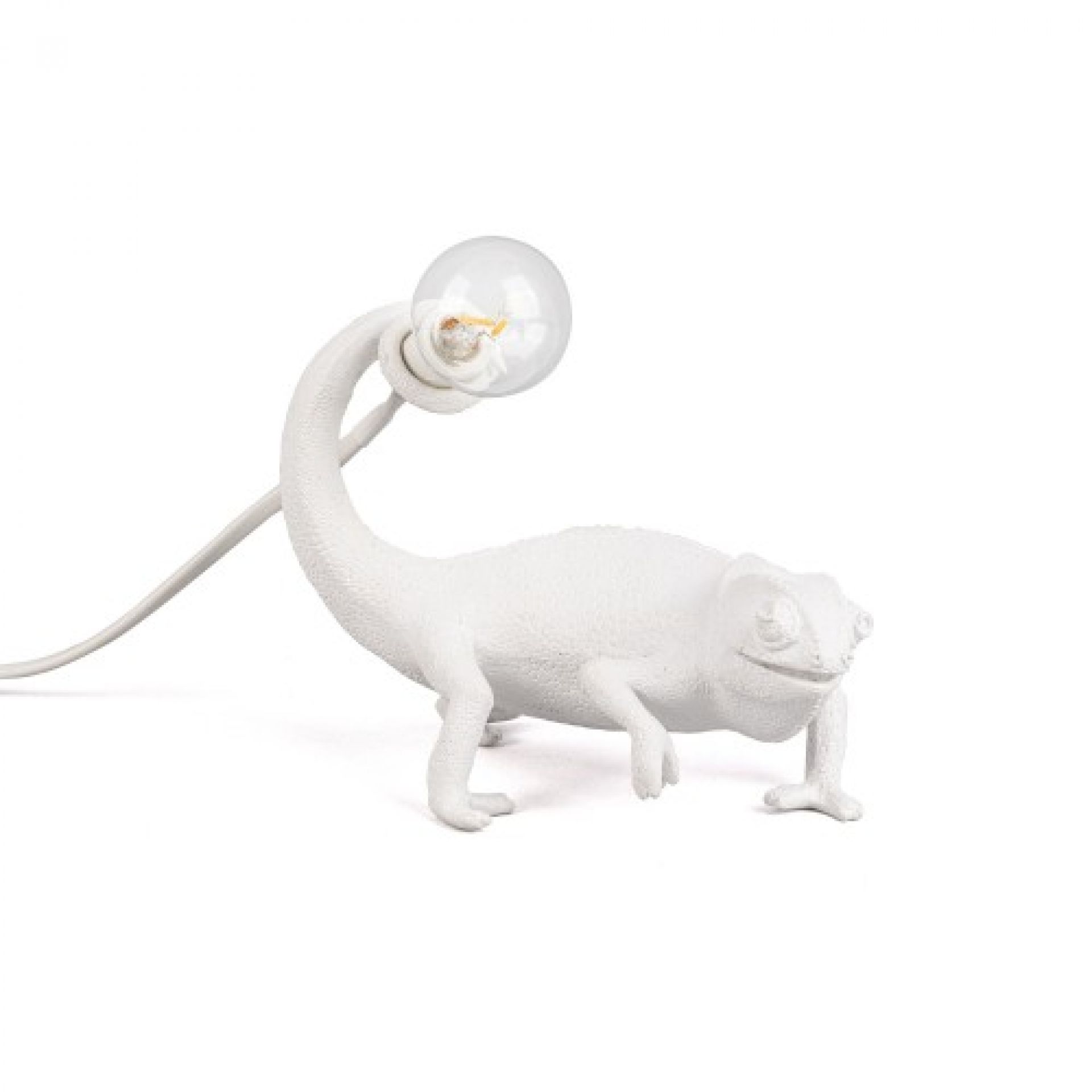 Weiße Chamäleon Lampe von Seletti, Tischleuchte im Tierdesign mit Glühbirne.