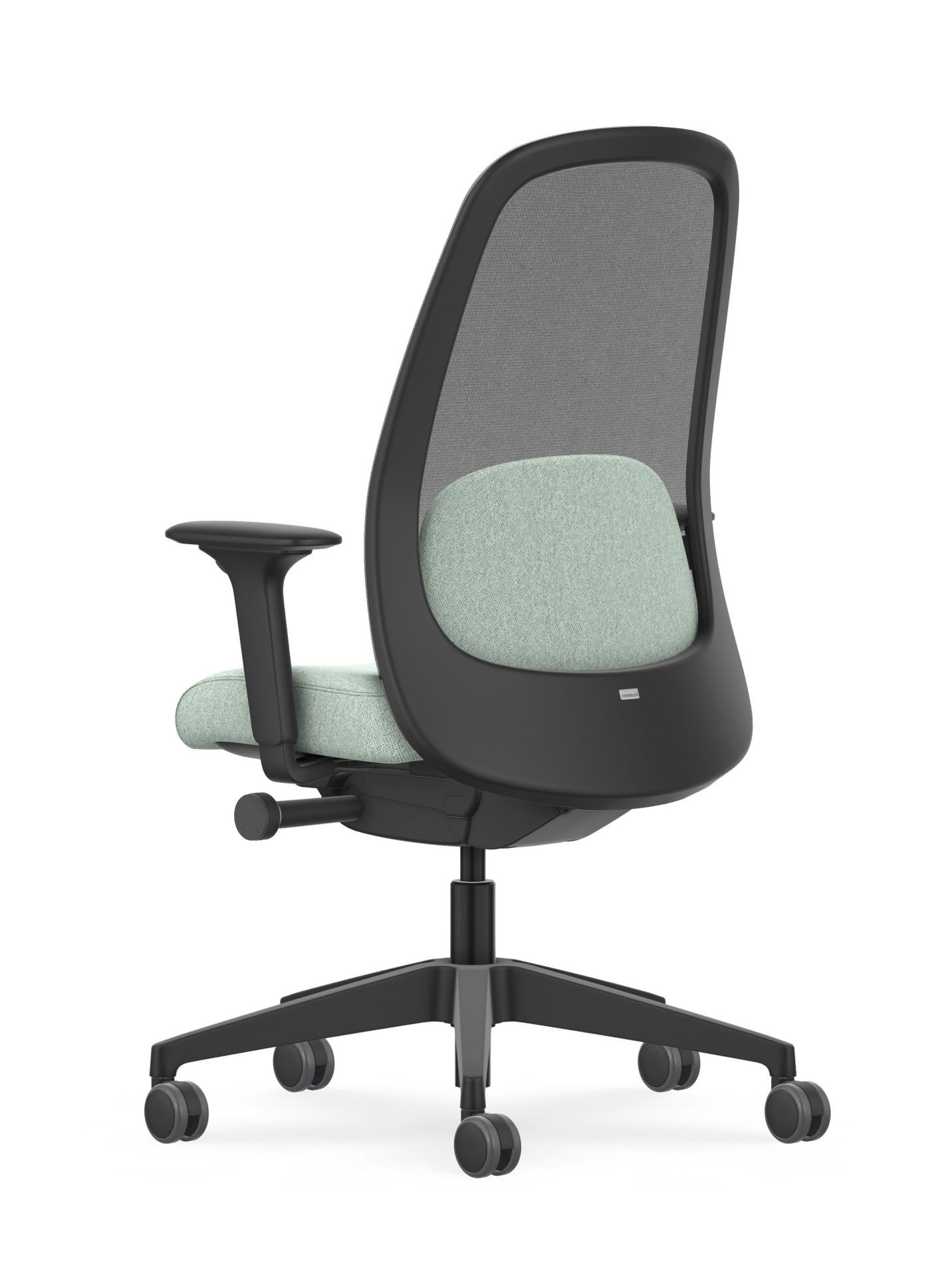 HEJ Bürodrehstuhl Interstuhl von hinten: Ergonomischer Schreibtischstuhl mit Netzrückenlehne und grüner Polsterung.