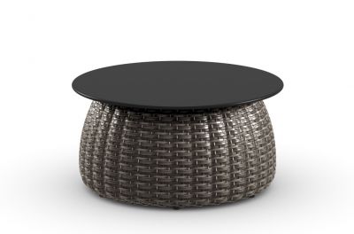 Dedon Porcini Beistelltisch mit runder, schwarzer Tischplatte und geflochtenem, braunem Korpus. Outdoor-Tisch für Garten und Terrasse.