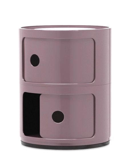 Lila Kartell Componibili 2er Element Aufbewahrungsschrank, runder Nachttisch mit zwei Fächern und Drehtüren.