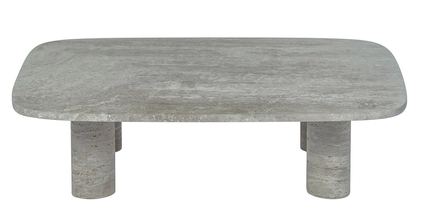 Blomus Volos Couchtisch aus Travertin, rechteckig mit abgerundeten Ecken und zylindrischen Beinen, modernes Wohnzimmer Möbel.
