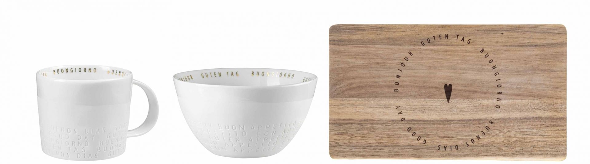 Guten Appetit 3er Set: Tasse, Schale und Holzbrett mit internationalen Grußbotschaften.