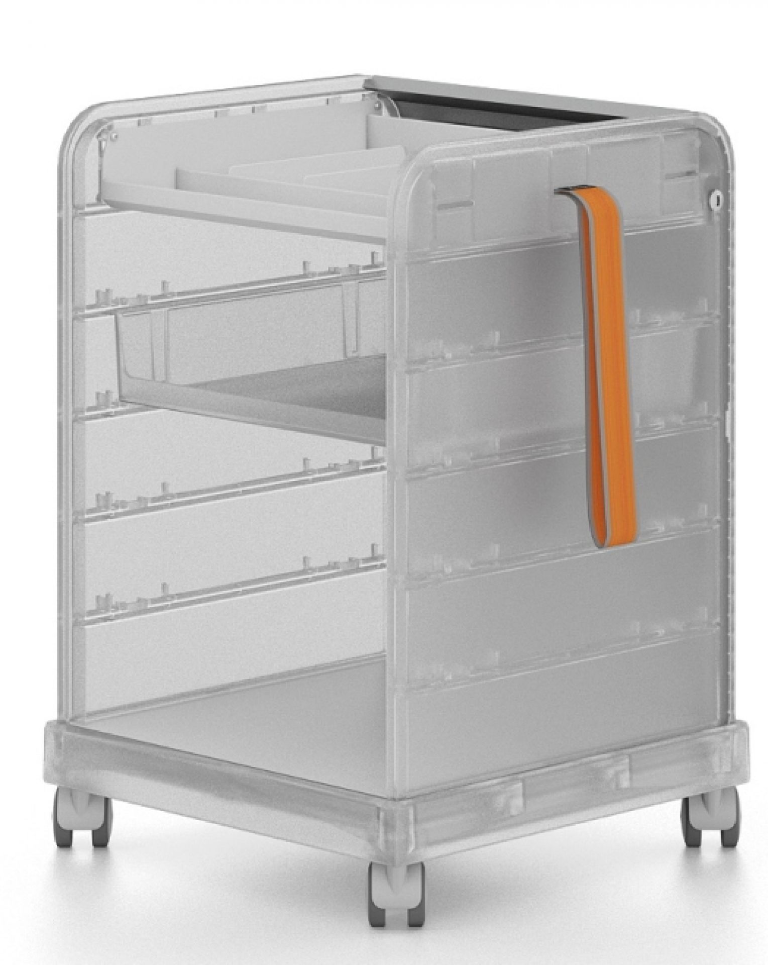 Transparenter Rollcontainer "Follow Me" von Vitra mit orangefarbenem Griff und mehreren Ablagefächern.