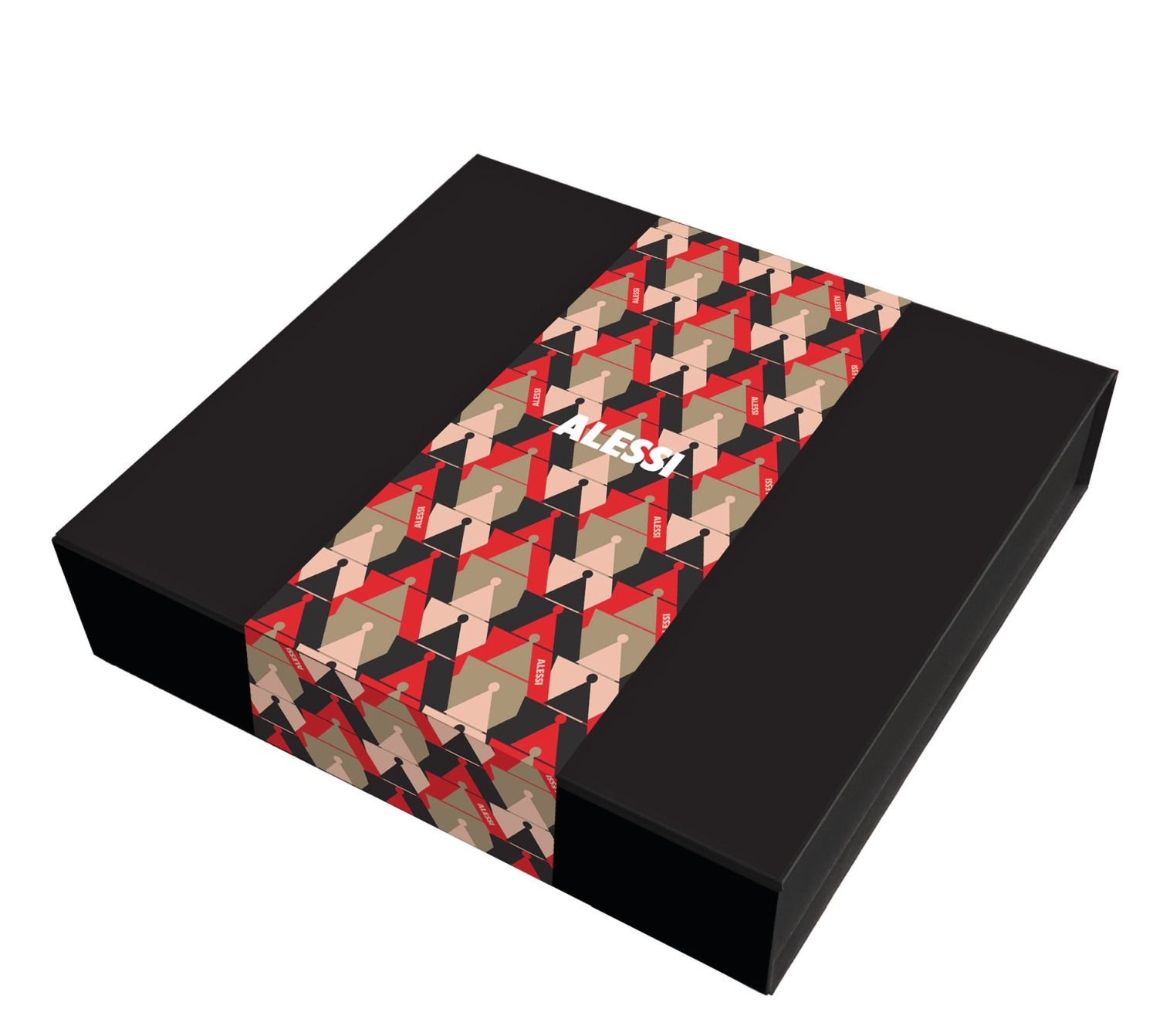 Schwarze Geschenkbox des Alessi & Wine Sets mit farbigem, geometrischem Musterband.