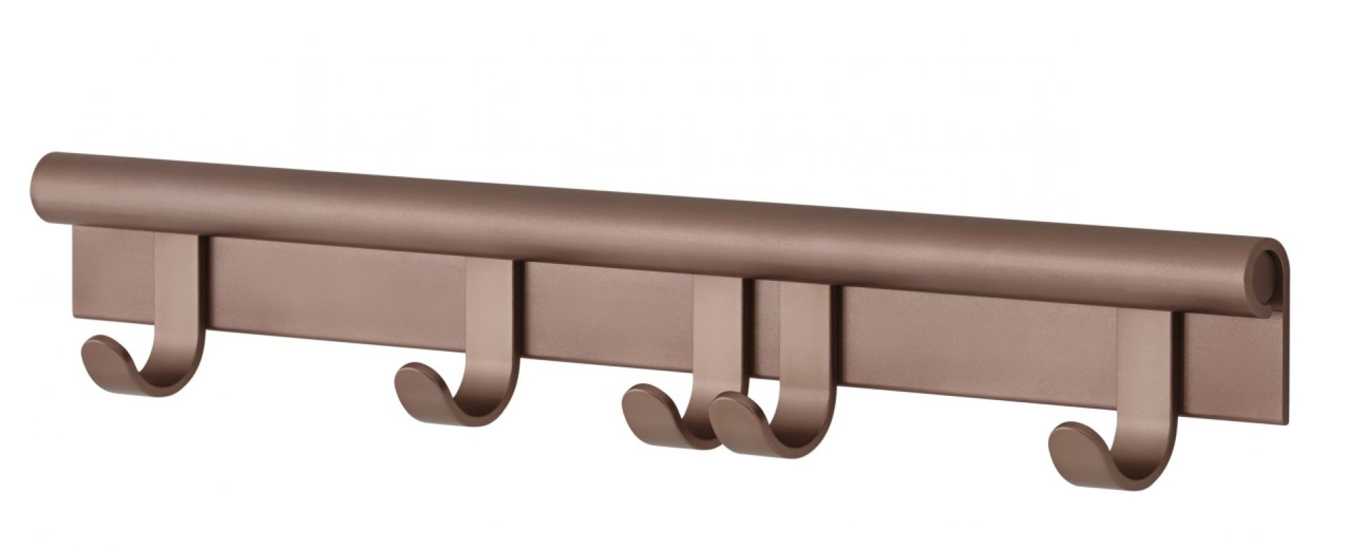 Muuto Coil Coat Rack Wandgarderobe in Bronze mit fünf Haken für Jacken und Mäntel.