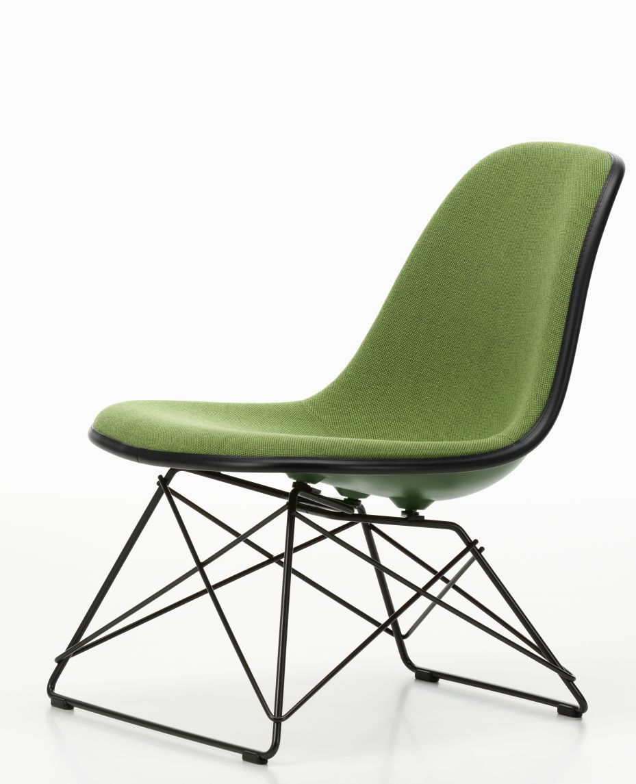 Grüner Eames Plastic Side Chair mit schwarzem Drahtgestell, vollgepolsterter Designstuhl von Vitra.