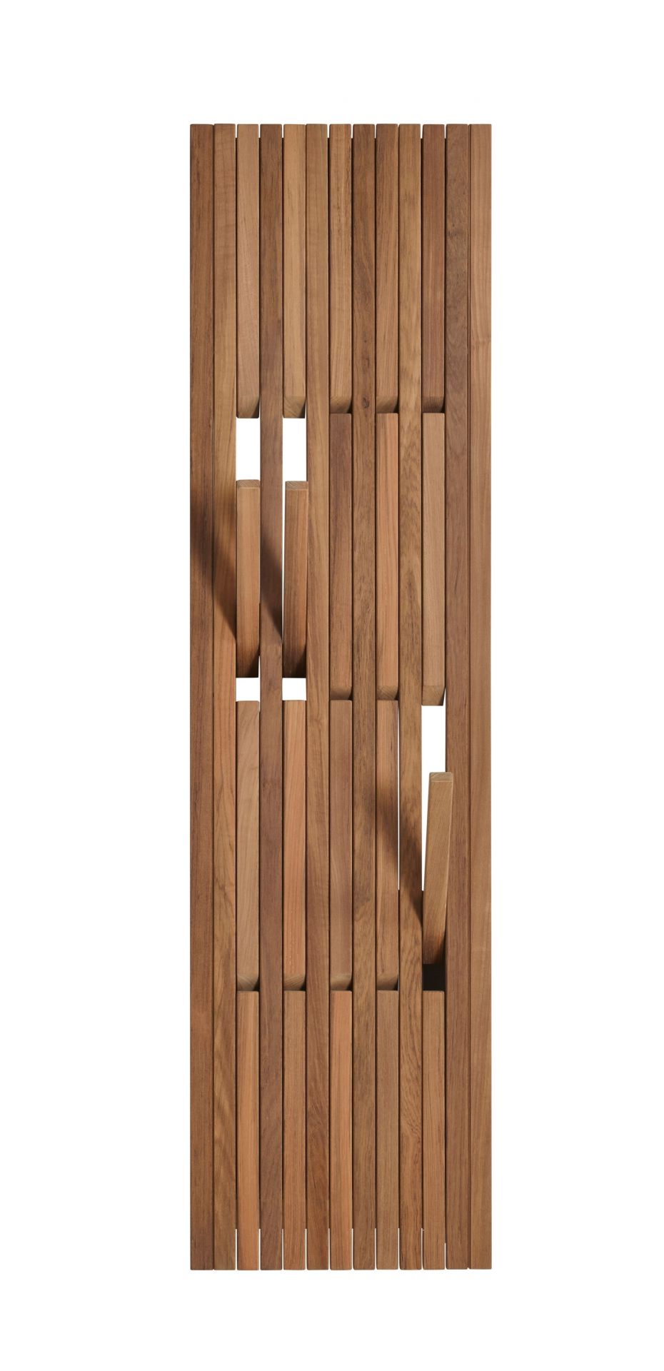 Piano Wandgarderobe aus Teakholz mit ausklappbaren Haken, moderne Garderobenleiste für Flur und Diele.