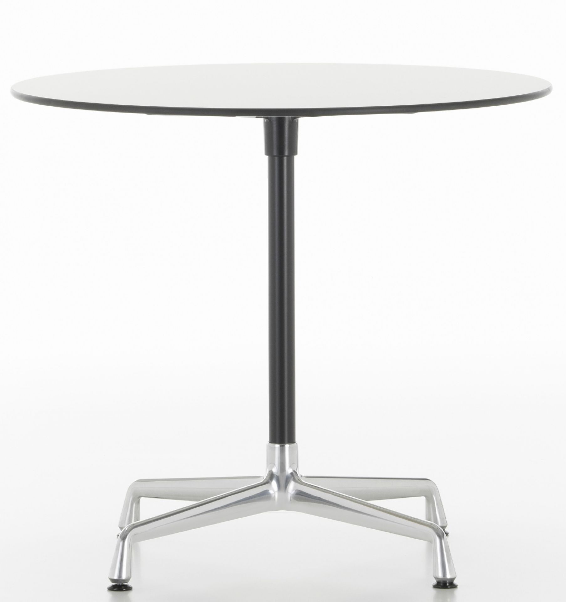 Runder Eames Contract Table von Vitra mit weißer Tischplatte und silbernem Fußkreuz.