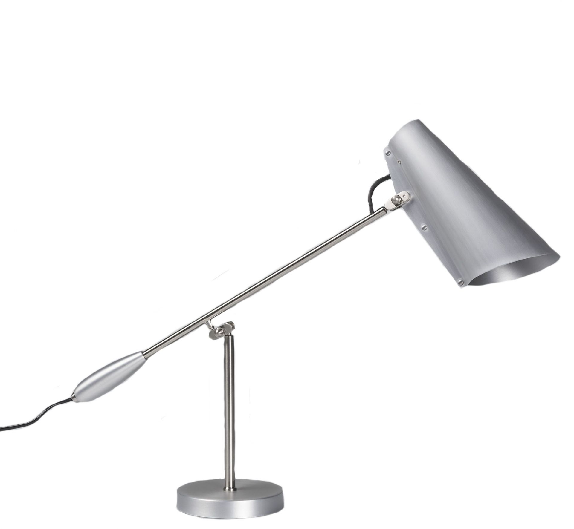Silberne Birdy Tischleuchte, 70th Anniversary Edition, mit verstellbarem Arm und konischem Lampenschirm.