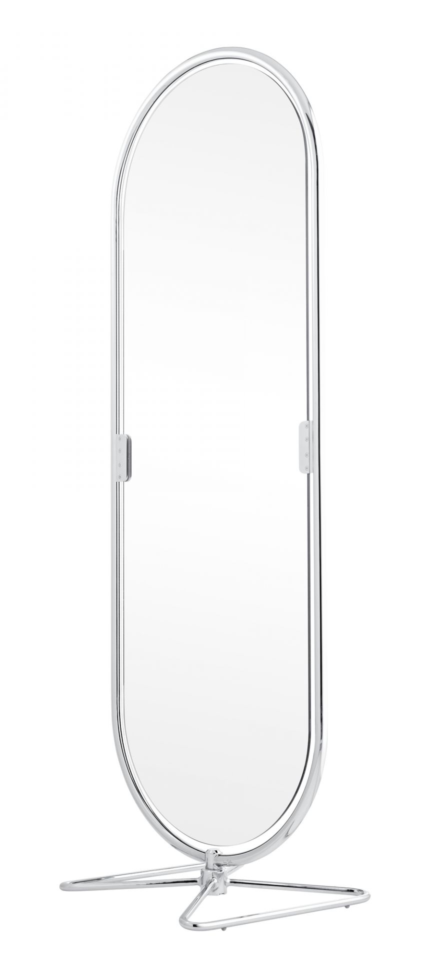 System 1-2-3 Spiegel von Verpan: Ovaler Standspiegel mit Chromrahmen und filigranem Fußgestell.