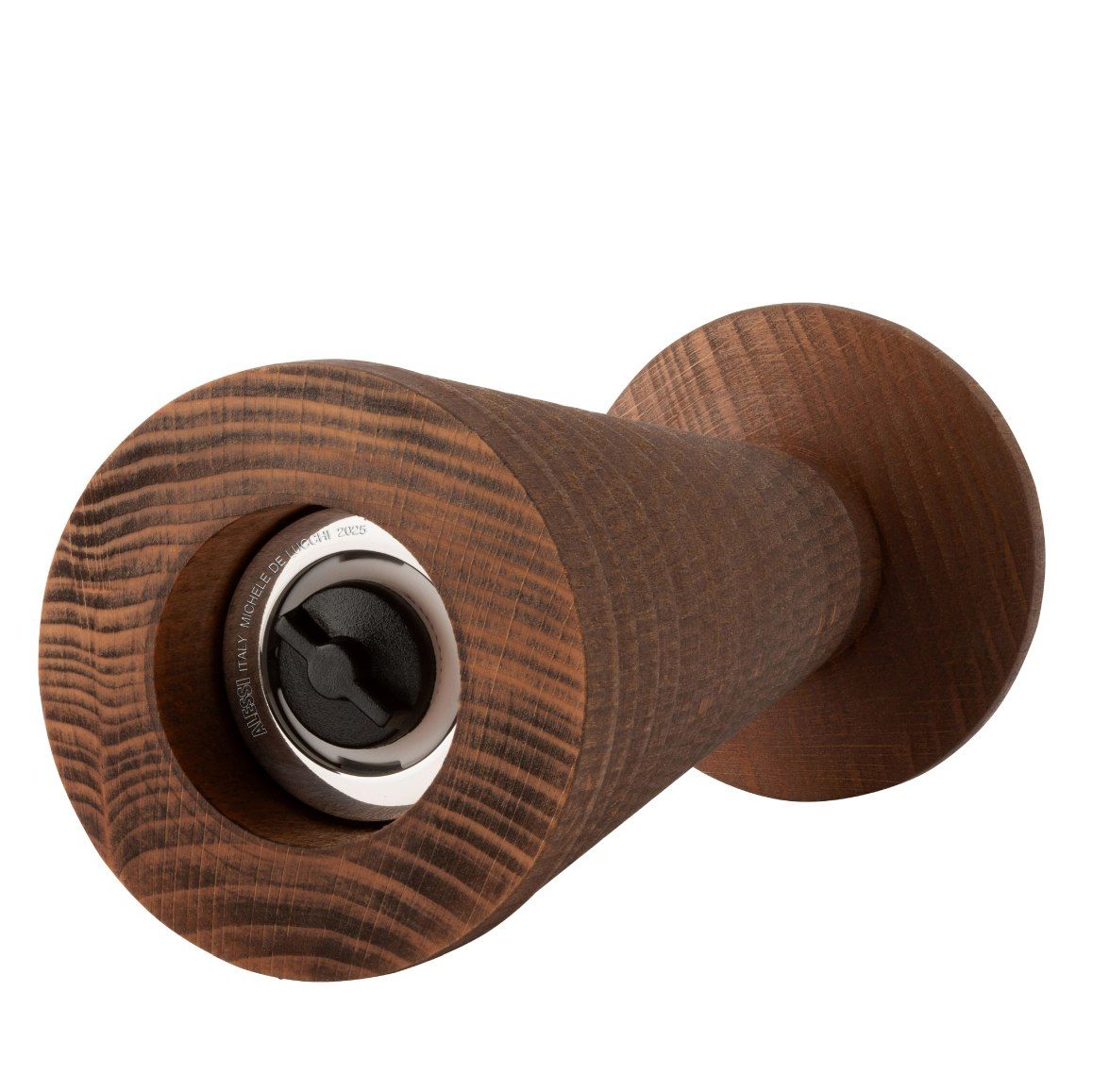 Alessi Yucatan Mühle aus Holz, Detailaufnahme der Gewürzmühle mit Mahlwerk, Küchenaccessoire für Salz und Pfeffer.