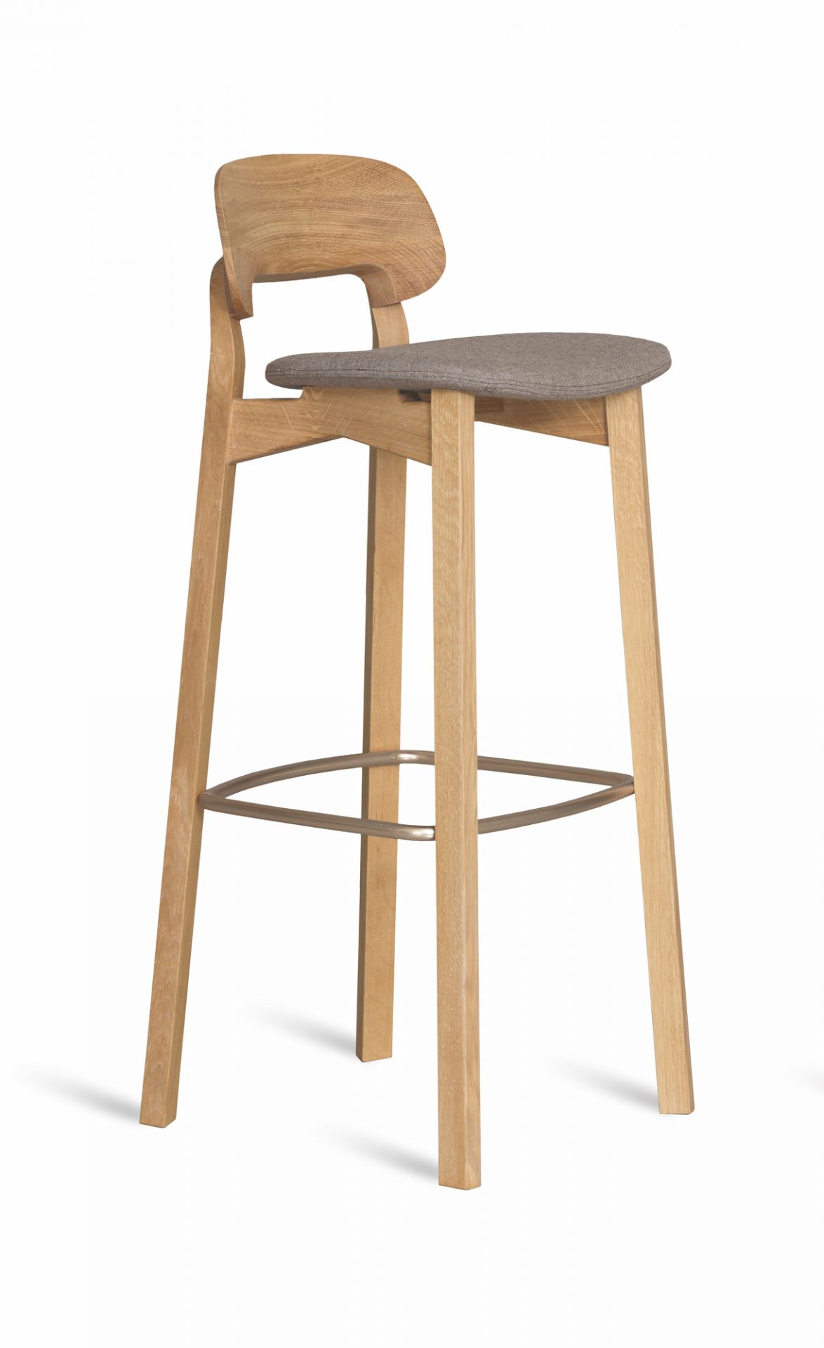 Nonoto Barhocker aus Eiche mit Rückenlehne und grauem Sitzpolster, Sitzhöhe 80 cm.