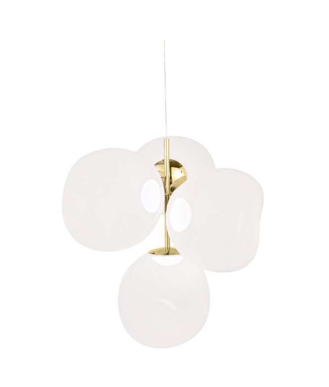 Melt Small Chandelier Pendelleuchte Gold von Tom Dixon mit weißen Kugeln und goldenem Gestell.