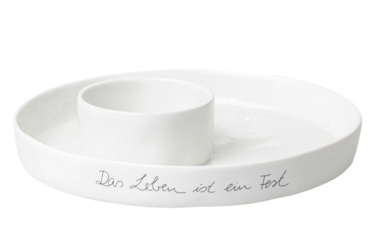 Weiße Schale "Das Leben ist ein Fest" von Räder, ideal als dekorativer Mittelpunkt.