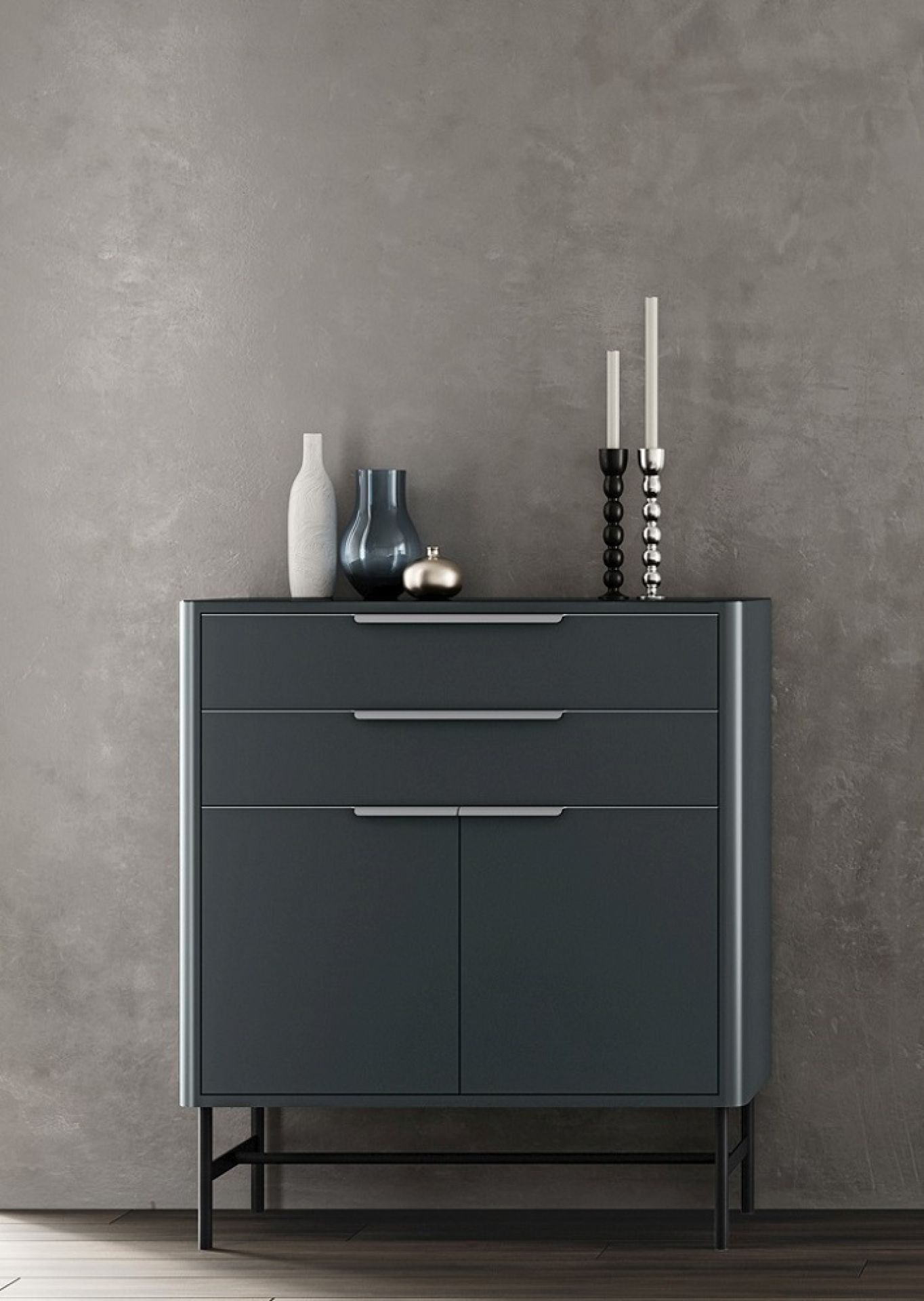 New Classic Line S50 Sideboard in Basaltgrau von Müller Möbelfabrikation mit Schubladen und Türen.