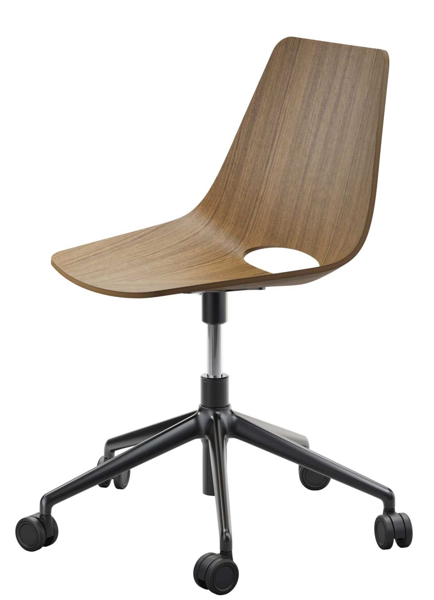 Thonet S 661 DR Drehsessel mit Holzschale und schwarzem Drehfuß mit Rollen.