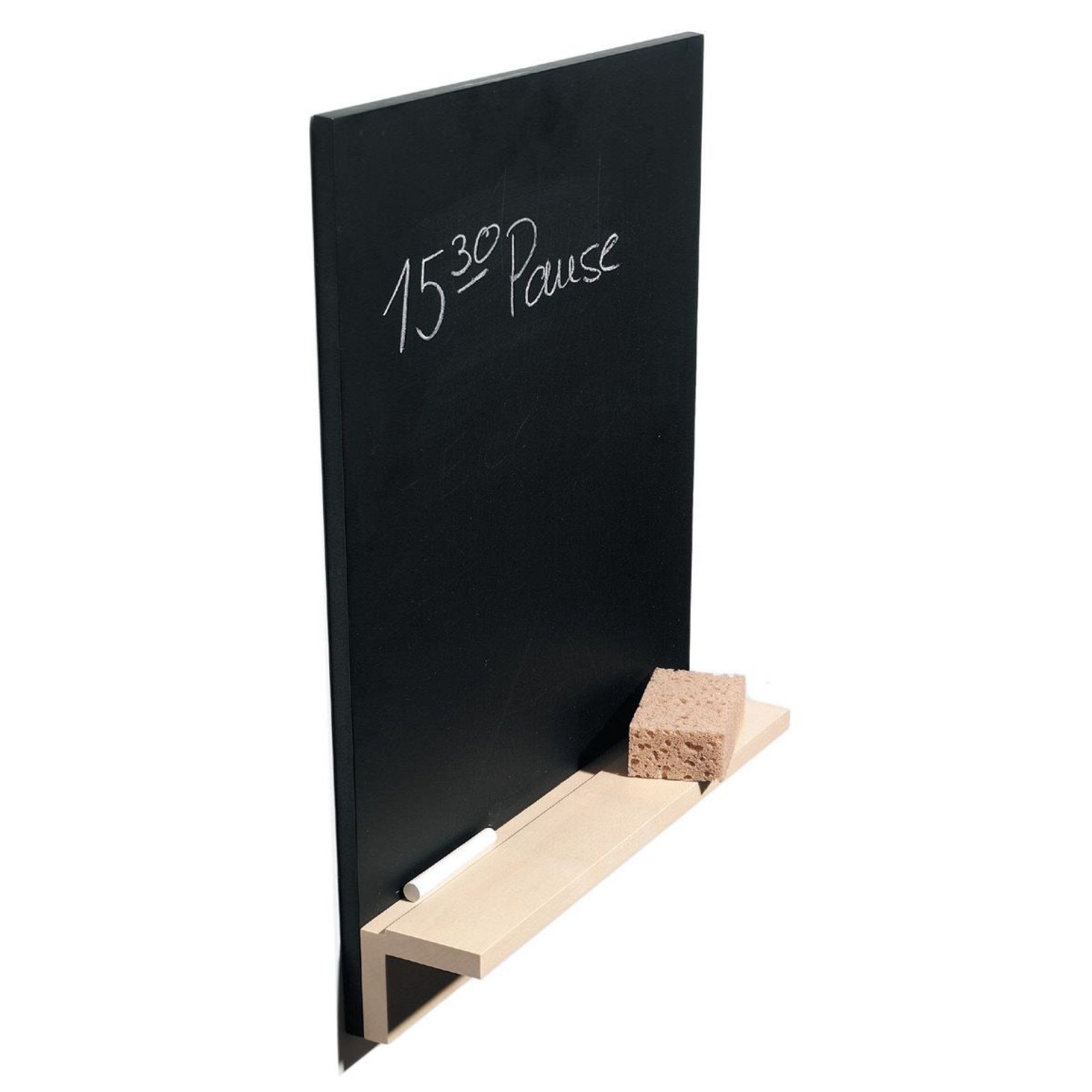 Tafel Nik Kreidetafel: Schwarze Kreidetafel mit Kreide, Schwamm und Ablage für Notizen und Nachrichten.