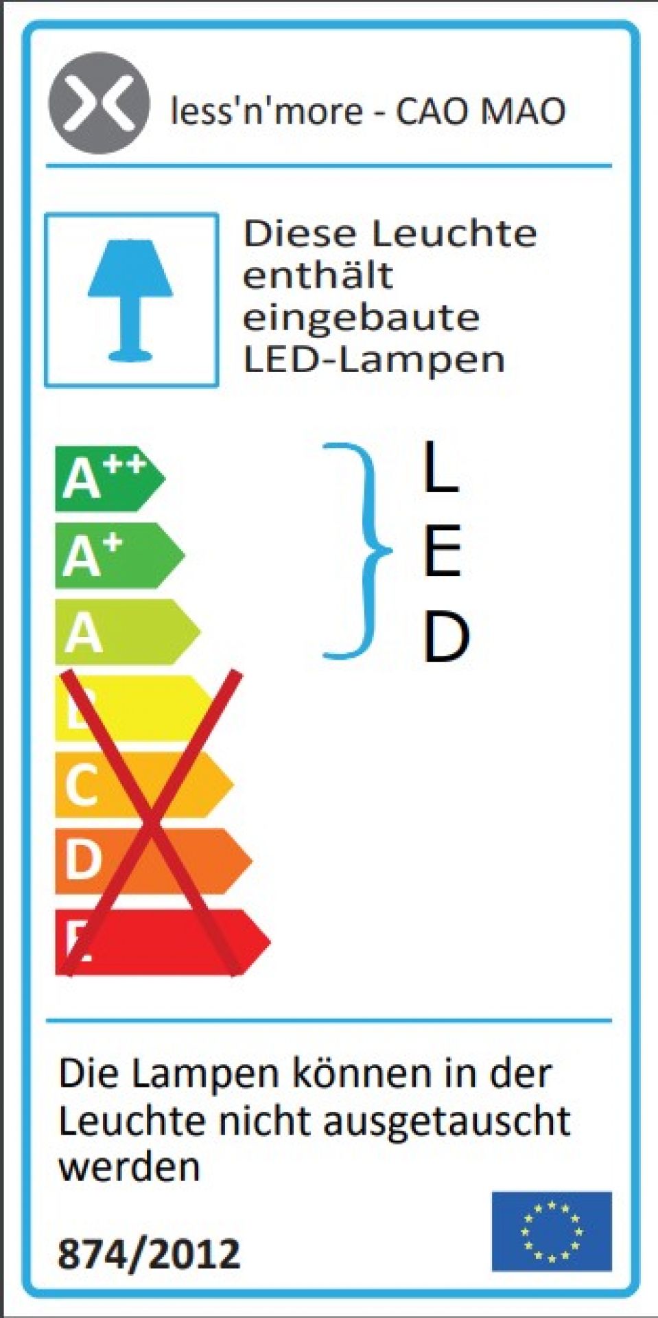 Energielabel der Cao Mao LED Wandleuchte: A++ bis F, integrierte LED-Lampen, nicht austauschbar.