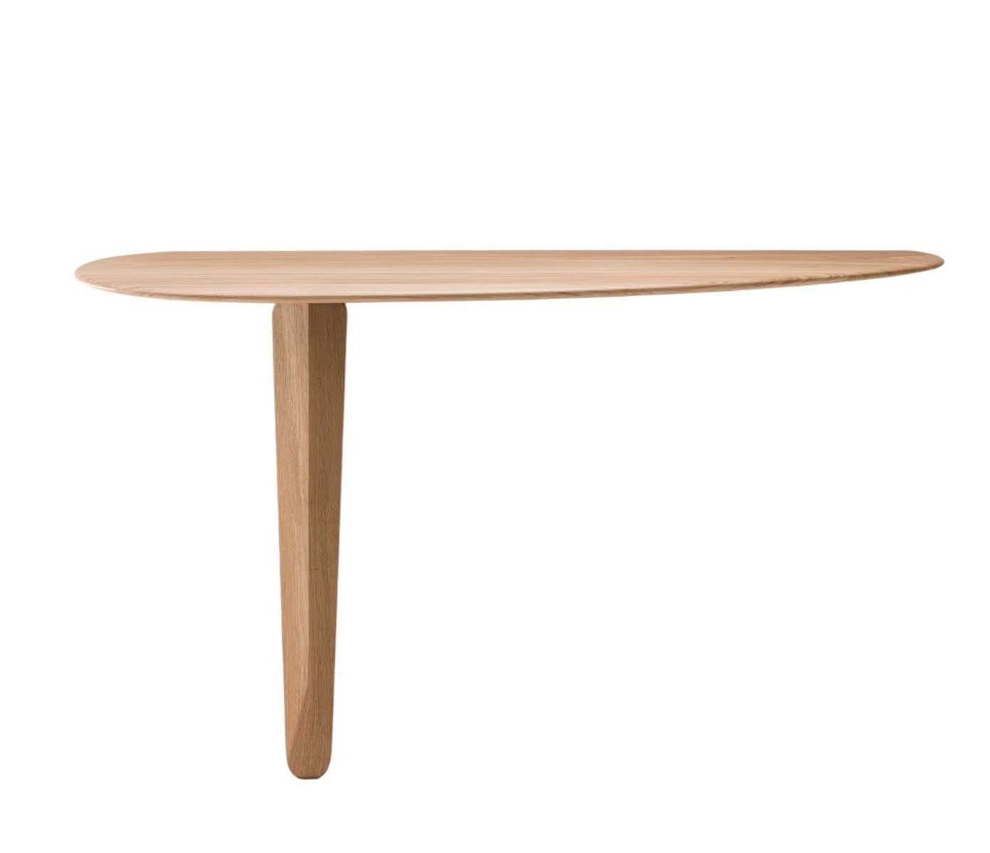 Kuyu Console: Asymmetrischer Konsoltisch aus hellem Holz mit einem einzelnen, konischen Bein.