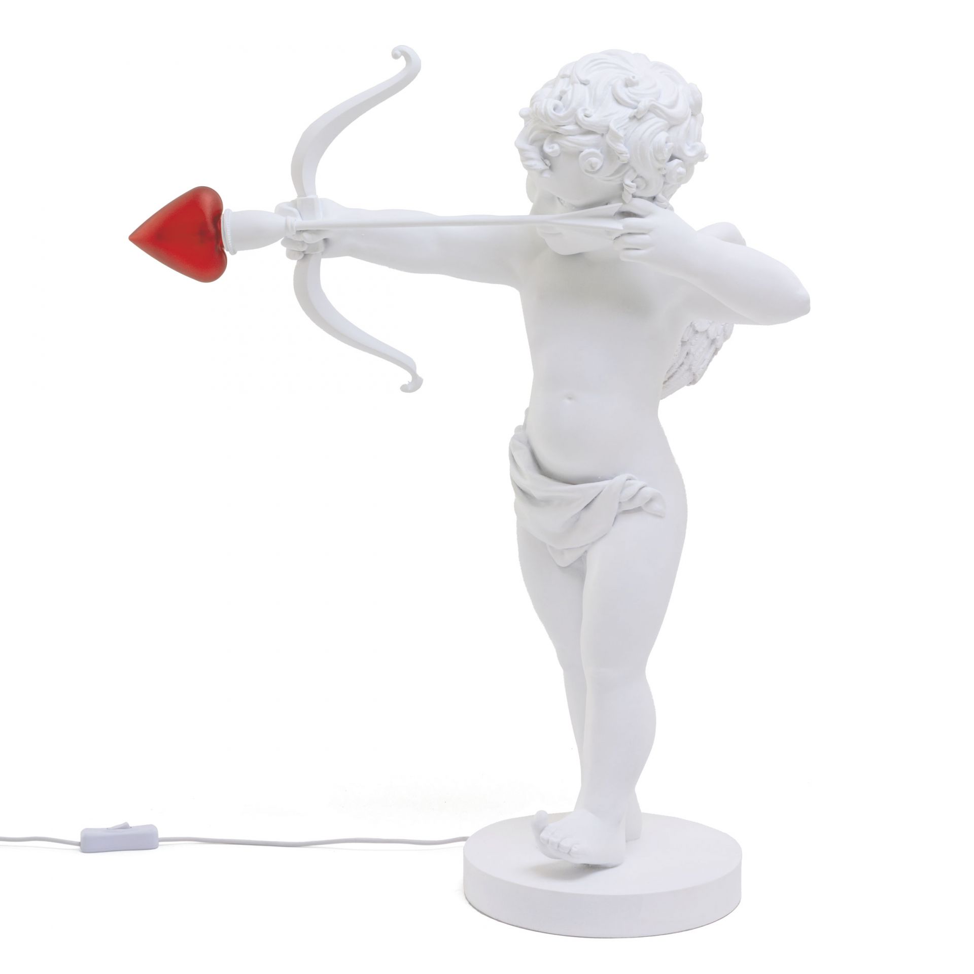 Weiße Cupid Lampe von Seletti, Amor mit Pfeil und Bogen als Tischleuchte.
