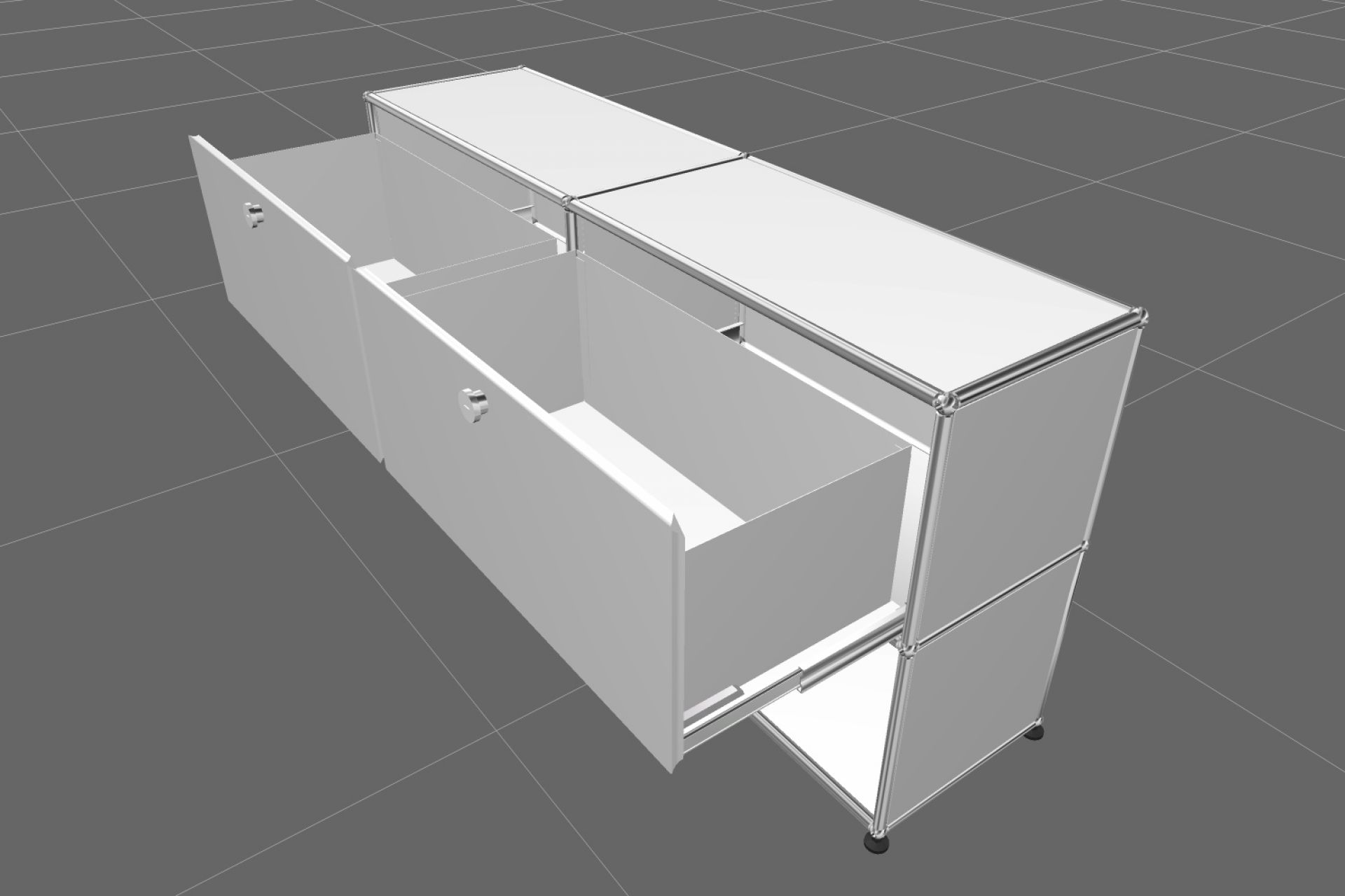 USM Haller Sideboard in Reinweiß mit zwei Schubladen offen, modernes Designmöbel für Wohnzimmer und Büro.