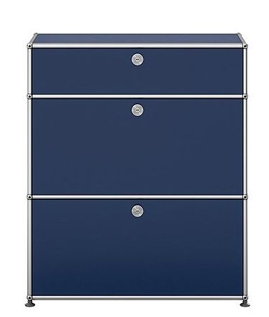 USM Haller Highboard in Stahlblau mit zwei Klappen und verchromtem Gestell, modernes Designmöbel für Wohnen und Büro.