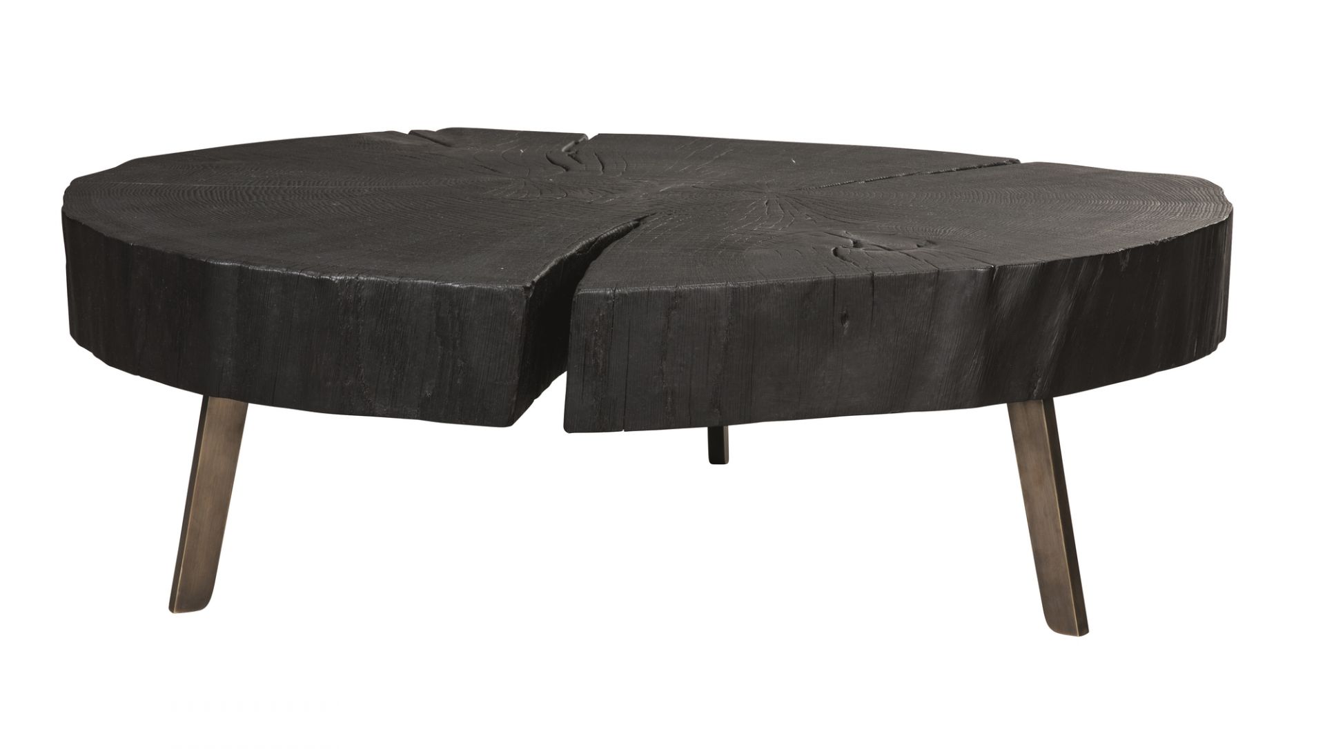 Stomp Beistelltisch H28 geköhlt: Runder, schwarzer Holztisch mit drei Metallbeinen, rustikal und modern.