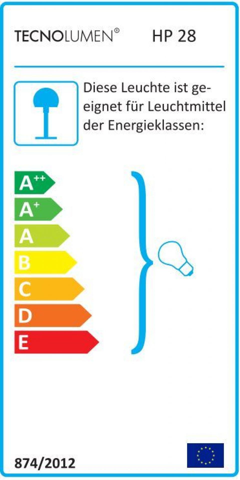 Energieeffizienzlabel für Tecnolumen HP28 Pendelleuchte, geeignet für Leuchtmittel der Energieklassen A++ bis E.