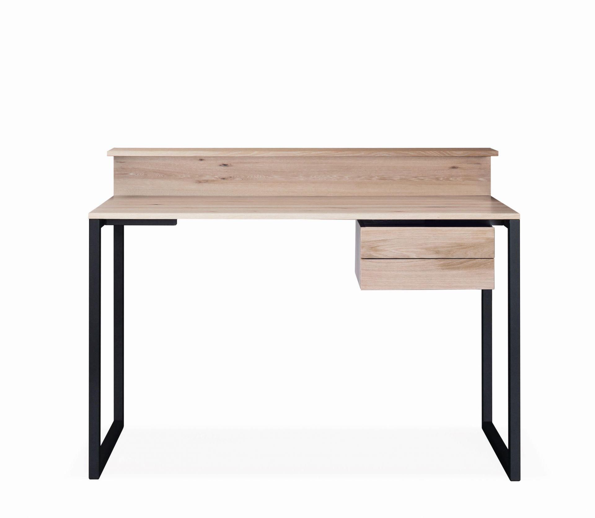 Janua SC 06 Sekretär: Schreibtisch aus hellem Holz mit schwarzen Metallbeinen und Schubladen.