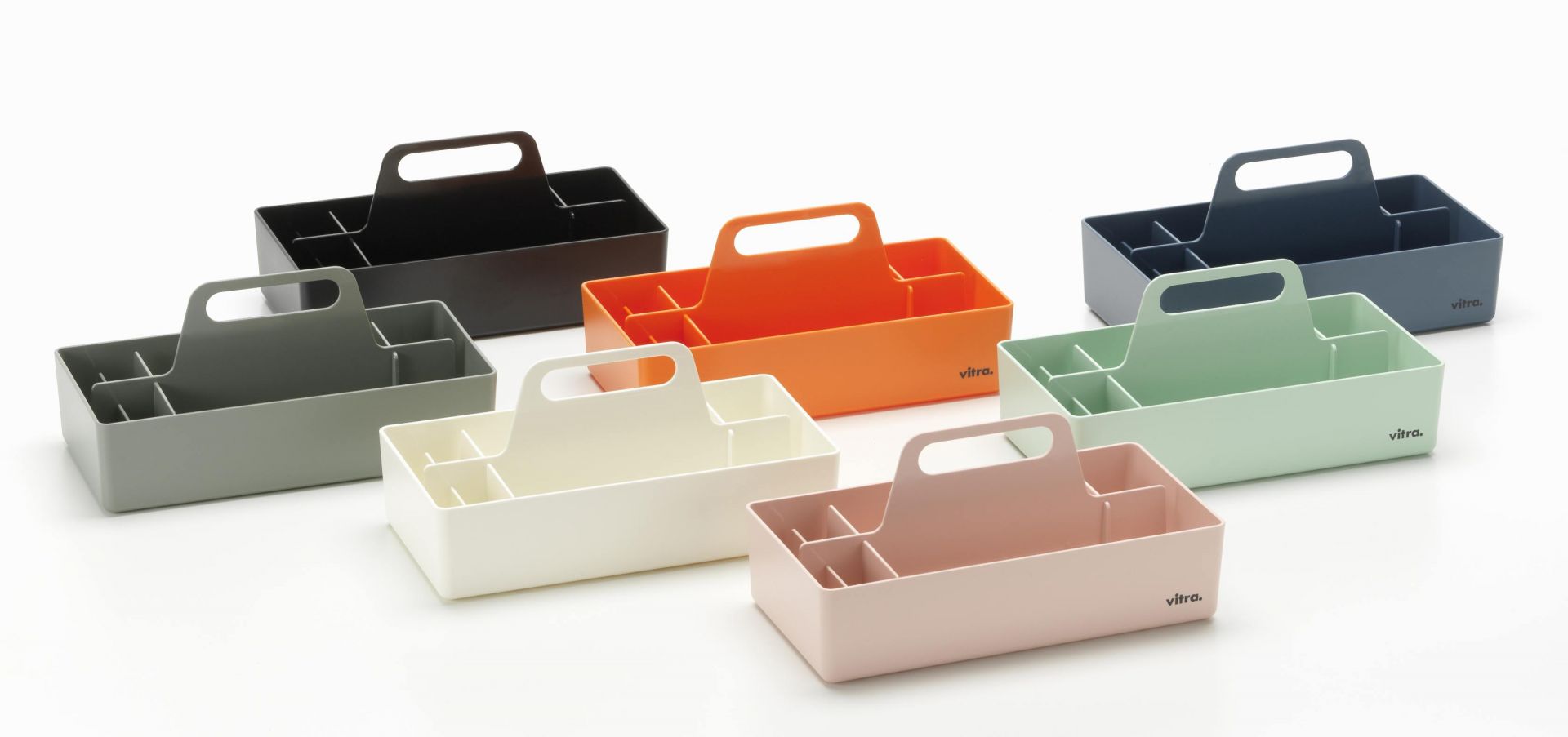 Vitra Toolbox RE Organisationsbox in verschiedenen Farben, praktische Aufbewahrungslösung mit Tragegriff für Büro und Zuhause.