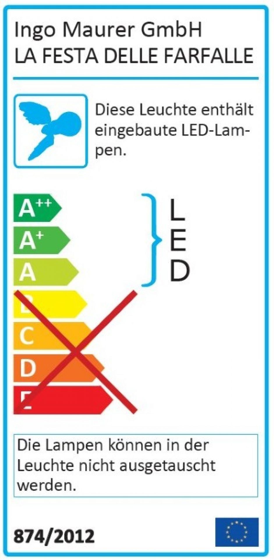 Energieeffizienzlabel der Ingo Maurer La Festa delle Farfalle Deckenleuchte mit fest verbauten LEDs.