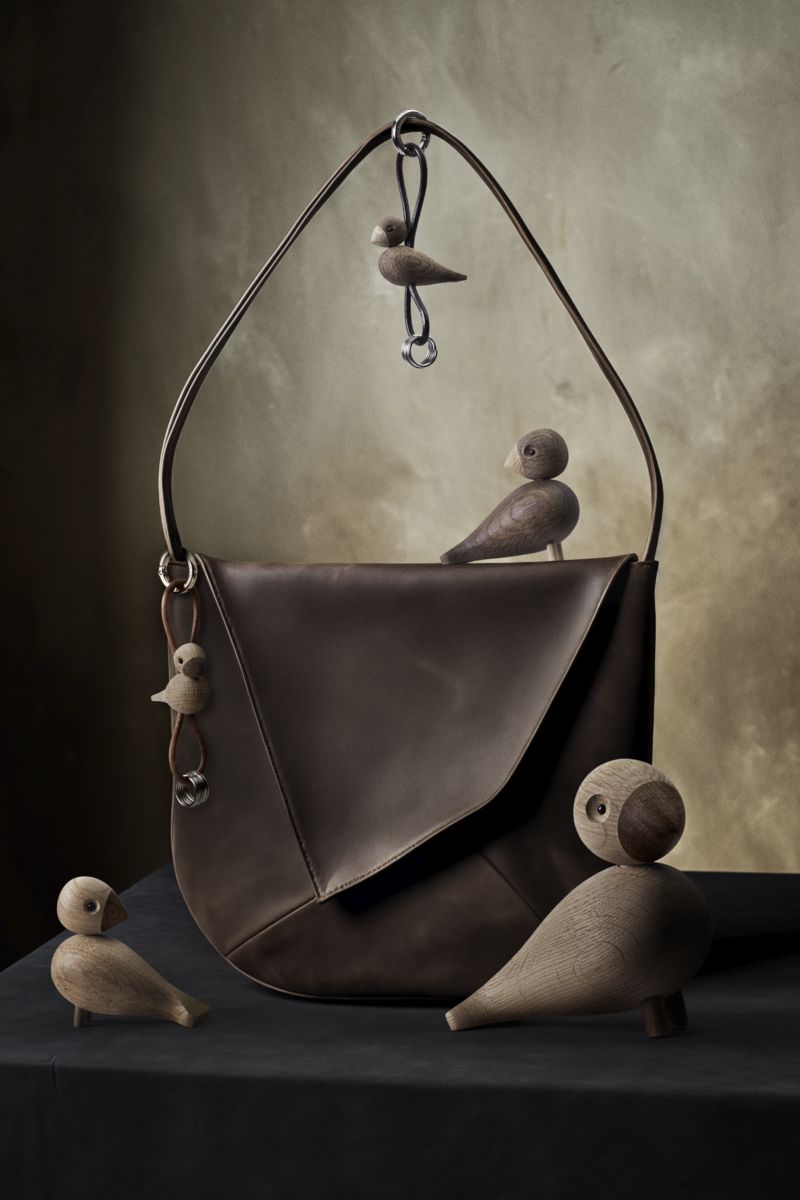 Vogel Eiche silberfarbenes Metall Schlusselanhänger mit Schwarzem leder Kay Bojesen 