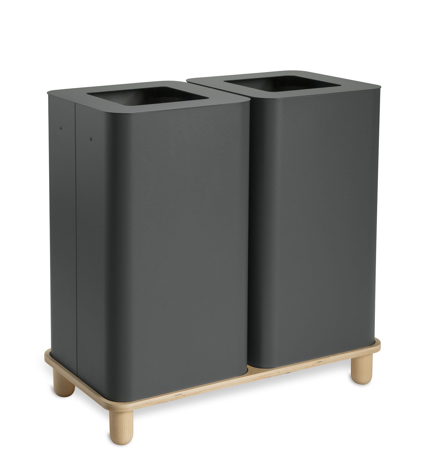 Arkad Bin Mülleimer für Mülltrennung: Grauer, doppelter Abfallbehälter auf Holzgestell für Büro und Zuhause.