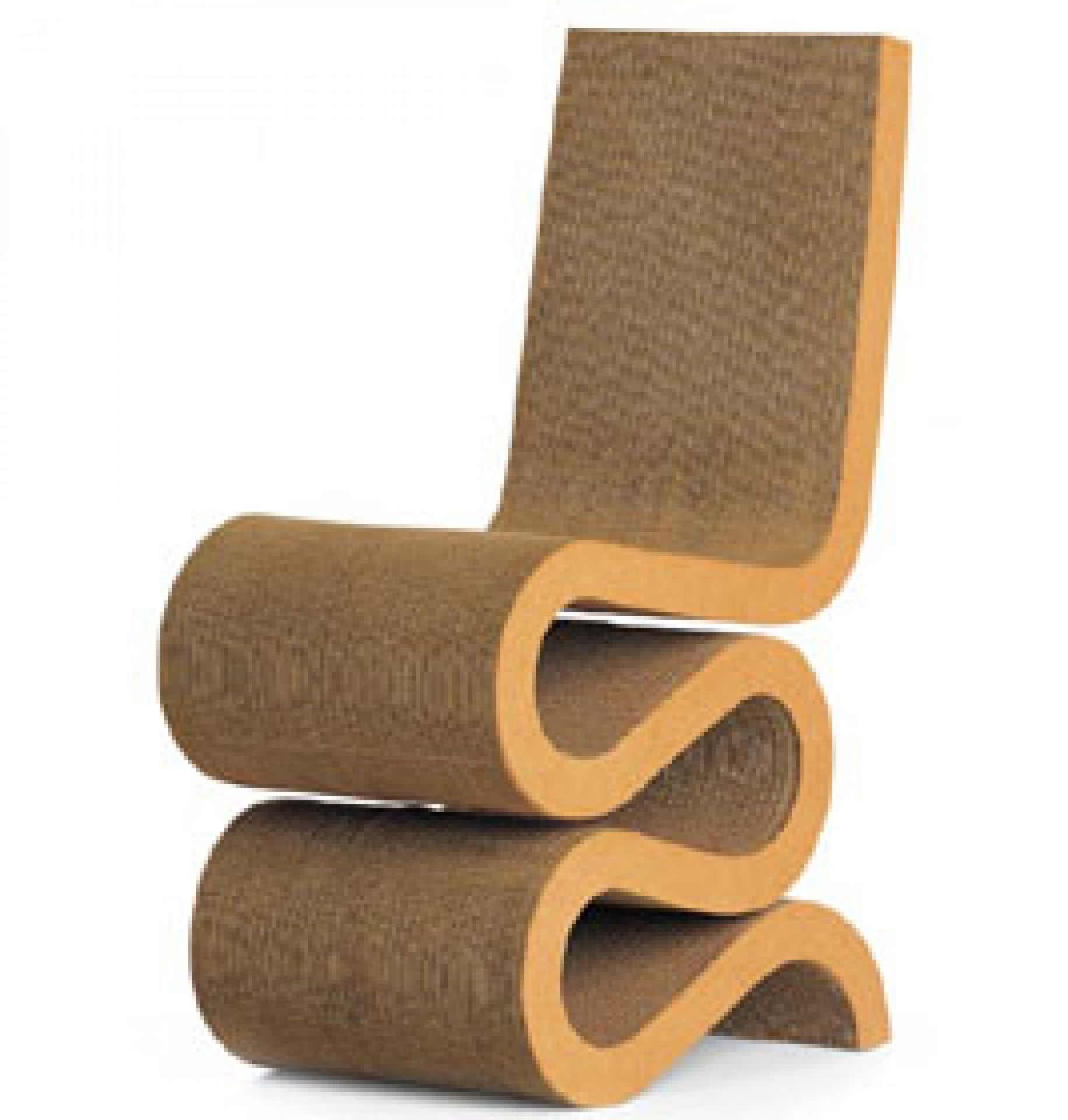Wiggle Side Chair Stuhl von Vitra aus brauner Wellpappe in S-Form, modernes Design Möbel.