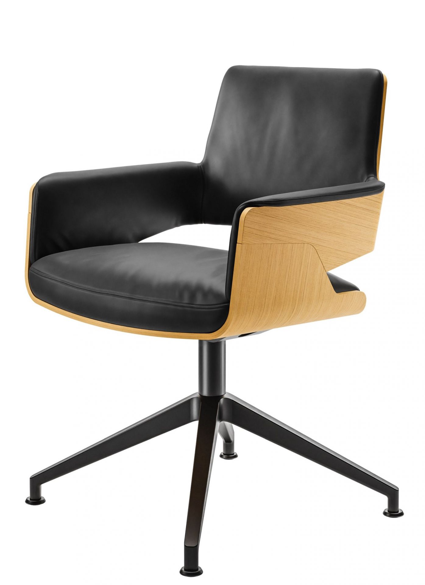 S 847 Thonet Drehsessel mit schwarzem Leder und Holzarmlehnen auf schwarzem Fußkreuz.