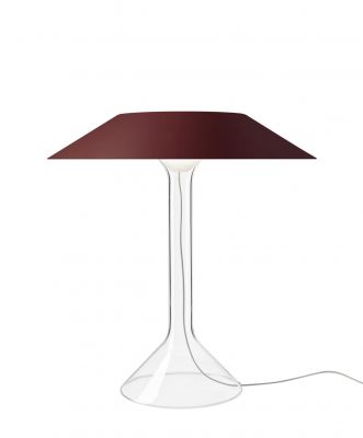 Chapeaux Tischleuchte: Dunkelrote Metall-Leuchte von Foscarini mit transparentem Fuß. Moderne Tischlampe für Wohnzimmer.