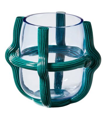 Sestiere Vase von Cassina, H 26 cm: Moderne Glasvase mit türkisfarbenem, geripptem Dekor.