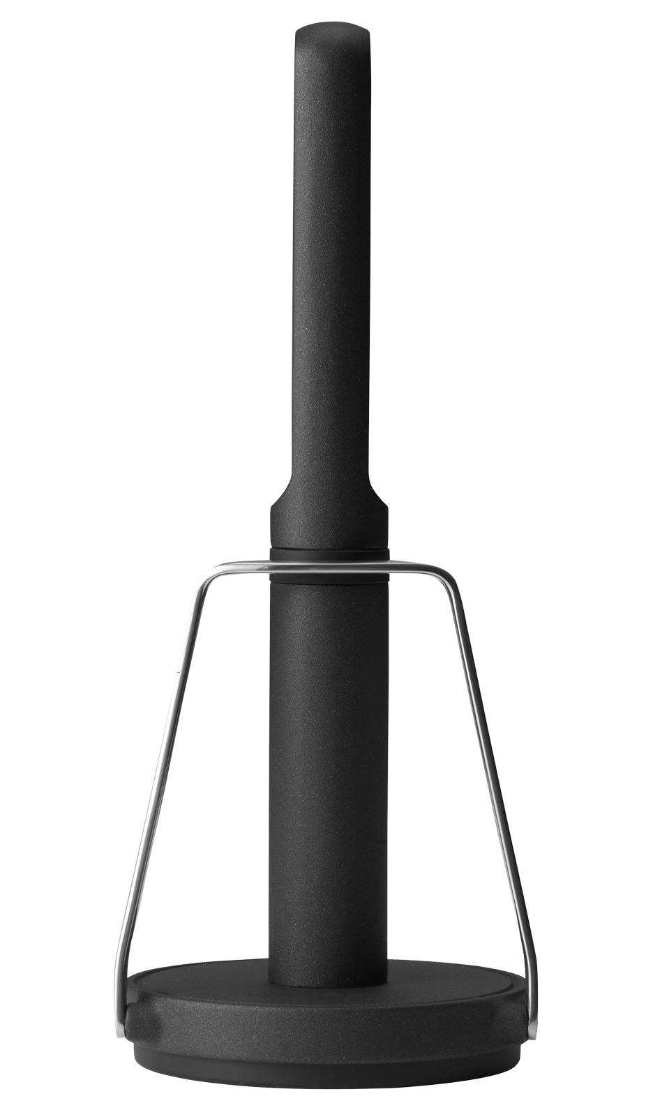 Schwarzer Vipp Küchenrollenhalter aus Stahl mit silbernem Bügel für einfaches Abreißen.