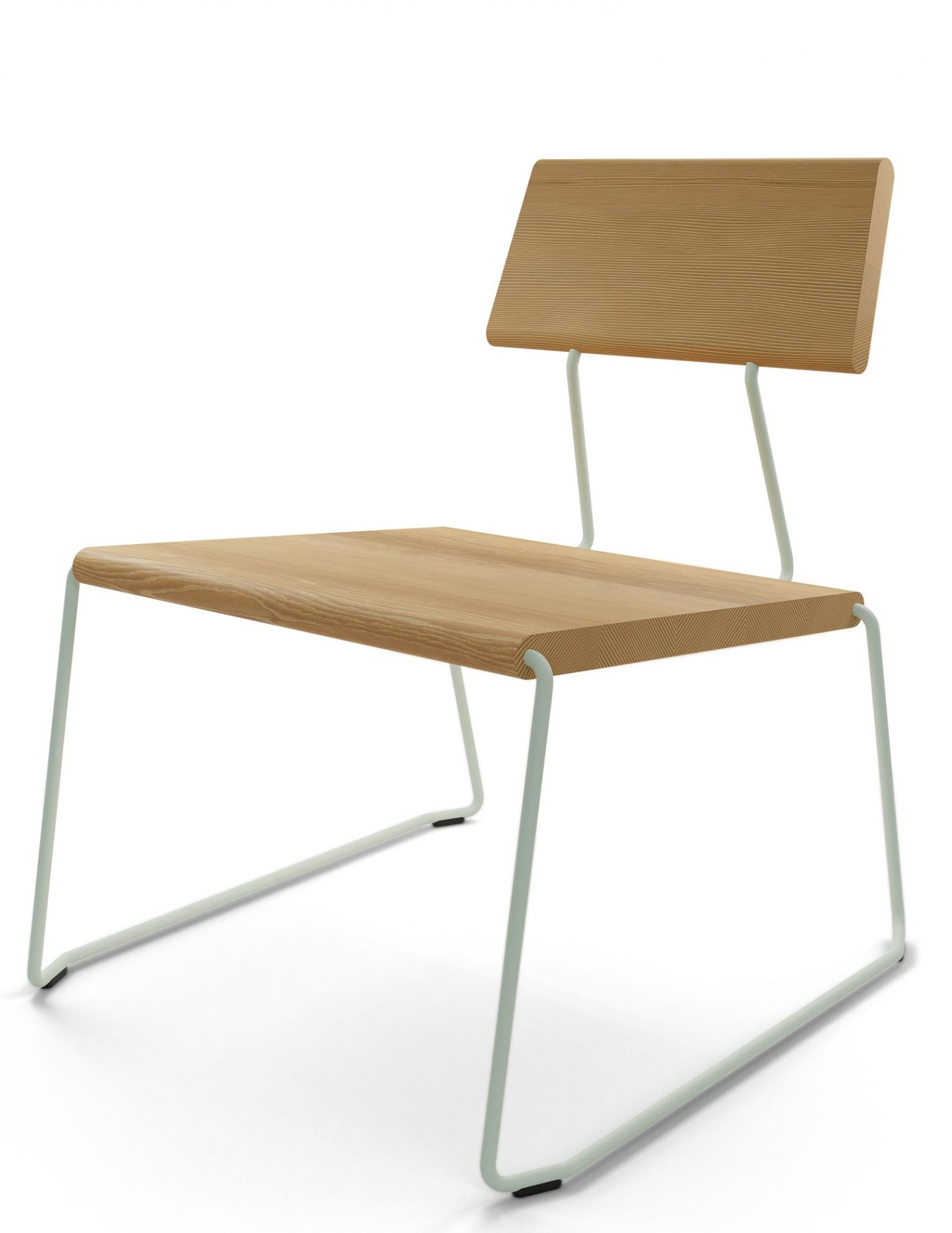 D:007 Loungechair Fuchs & Habicht: Moderner Holz-Loungechair mit minimalistischem, weißem Metallgestell für Wohnzimmer und Lounge-Bereiche.