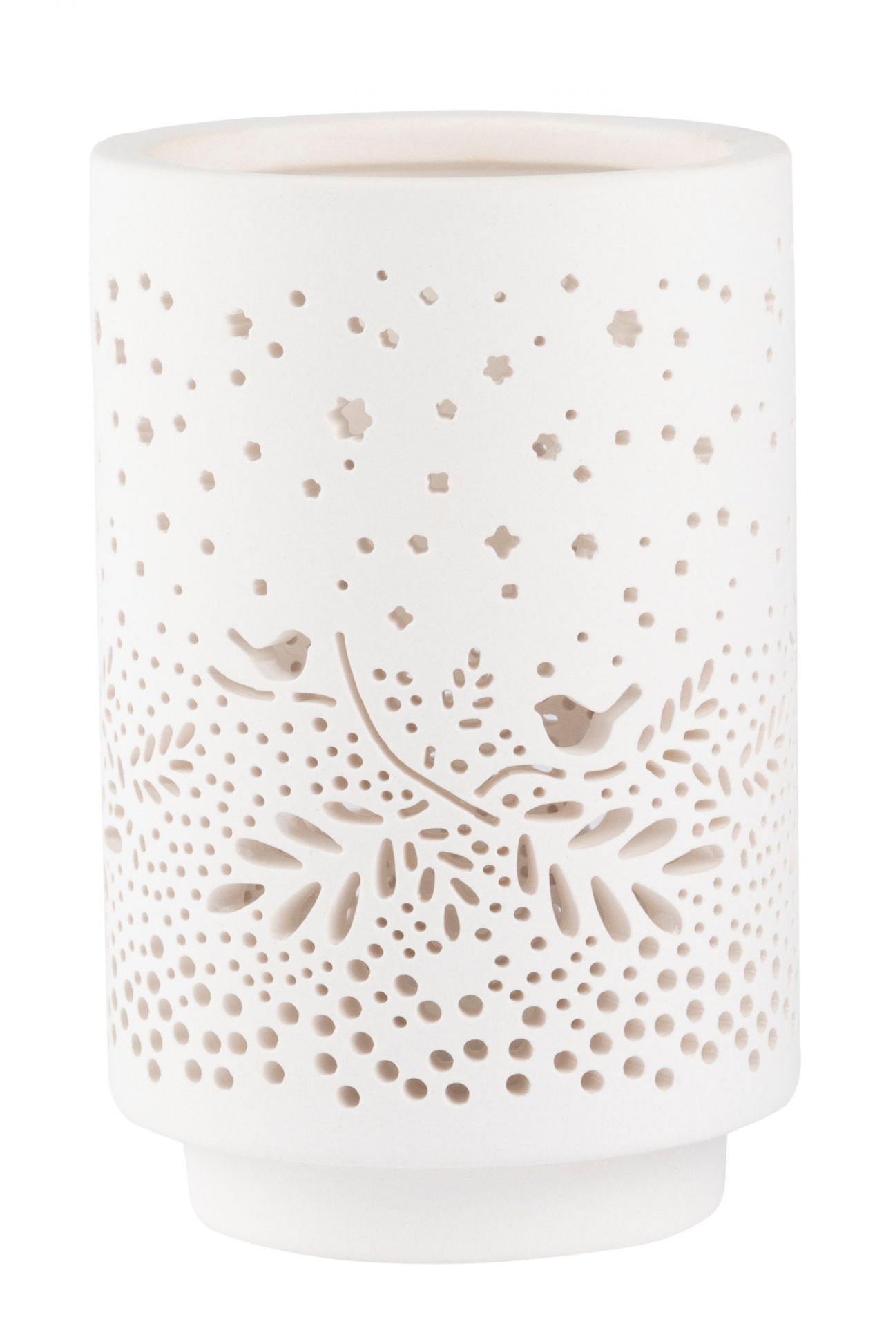 Weißes Living Licht Räder Windlicht mit Vogel- und Blumenmuster, geeignet für Teelichter.