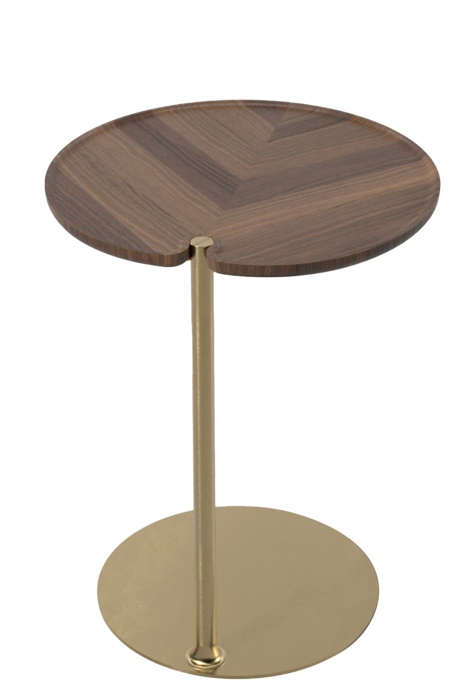 Leaf Beistelltisch mit runder Holzplatte und goldenem Metallfuß, moderner Akzenttisch für Wohnzimmer.