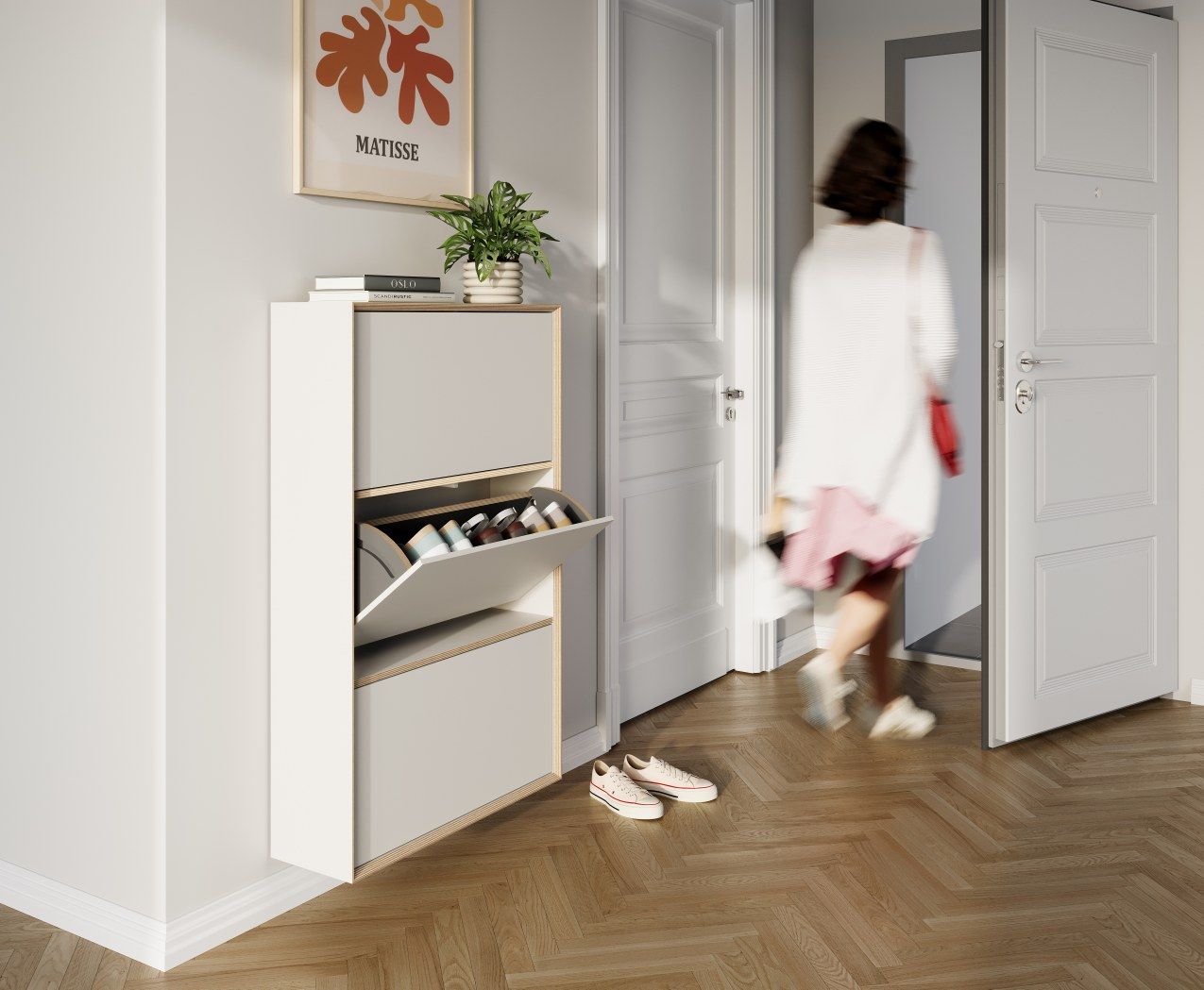 Moderner Vertiko Schuhrank von Müller Möbelwerkstätten in Weiß und Grau, teilweise geöffnet mit Schuhen.