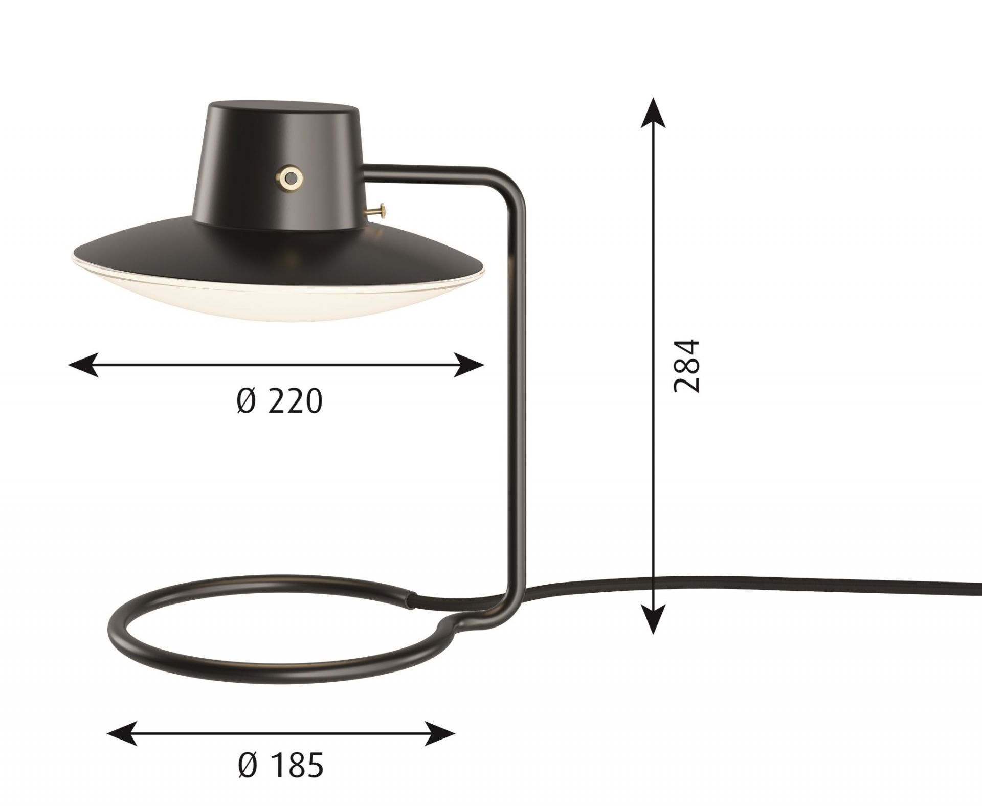 AJ Oxford Tischleuchte von Louis Poulsen, schwarzes Metall mit Opalglas, modernes Design, Maße sind eingezeichnet.
