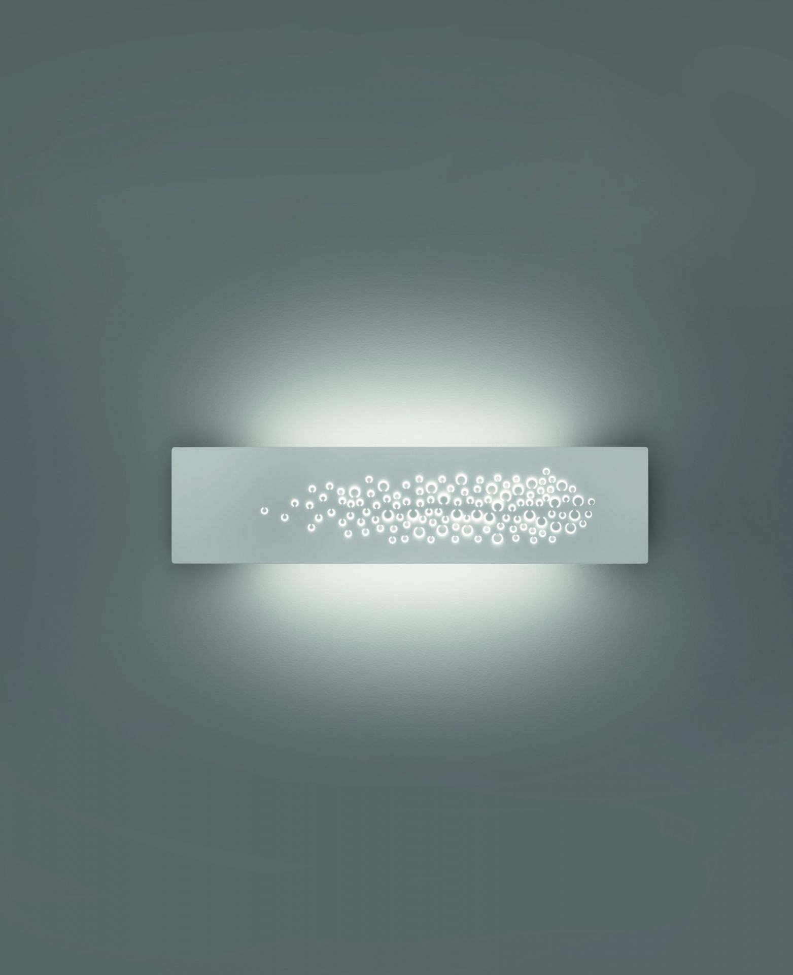 Islet Wandleuchte Weiß von Artemide: Rechteckige Wandlampe mit dekorativen, leuchtenden Kreisen an der Wand.