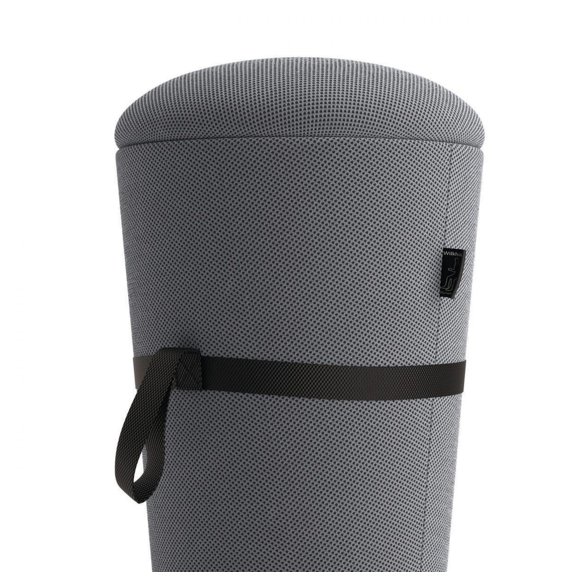 Grauer Wilkhahn Sitzhocker für Steharbeitsplätze, ergonomischer Stehhocker mit Tragegurt für Büro und Homeoffice.