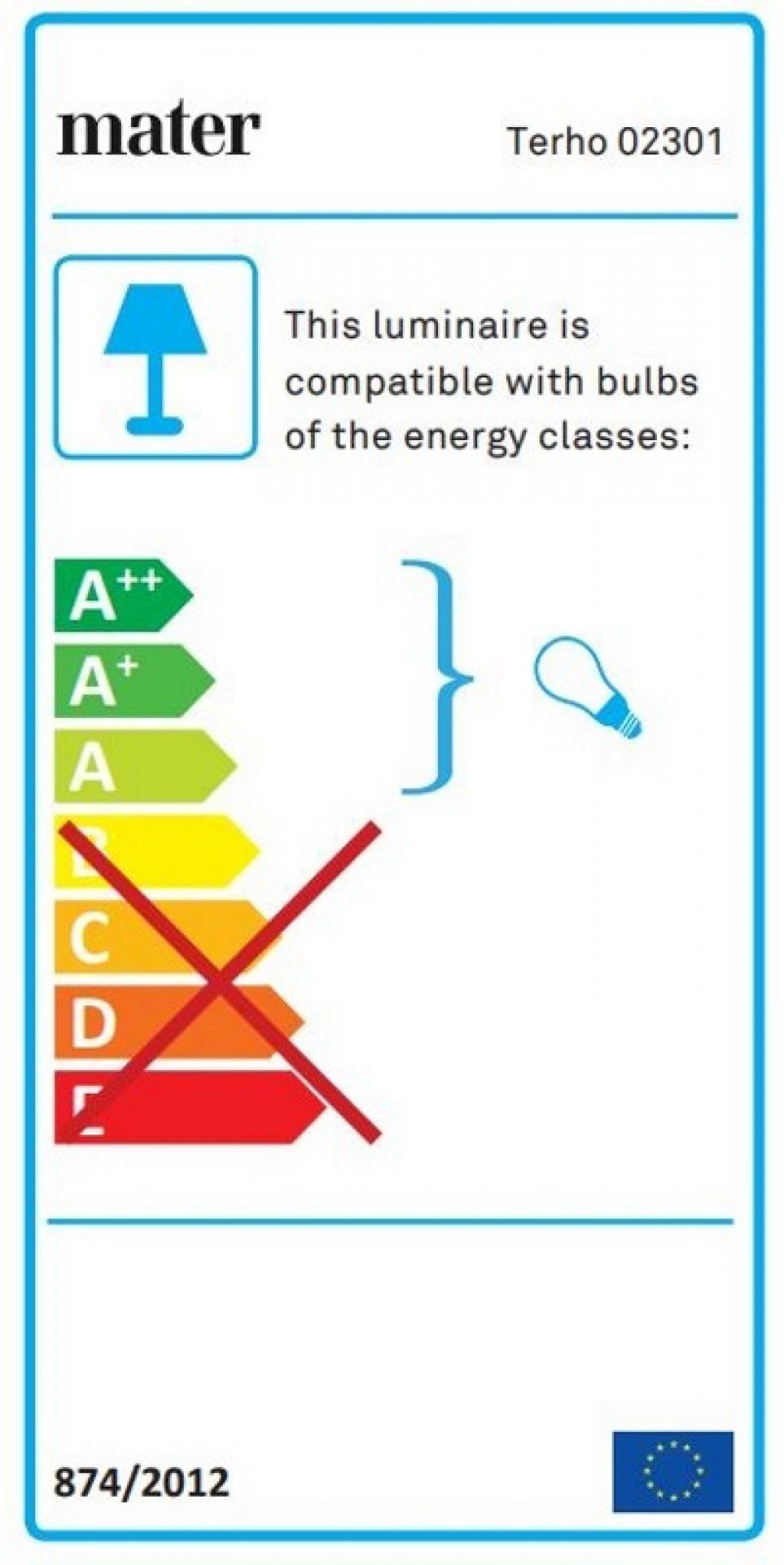 Energieeffizienzlabel der Mater Terho Pendelleuchte aus schwarzer Linde, kompatibel mit Leuchtmitteln der Energieklassen A++ bis A.
