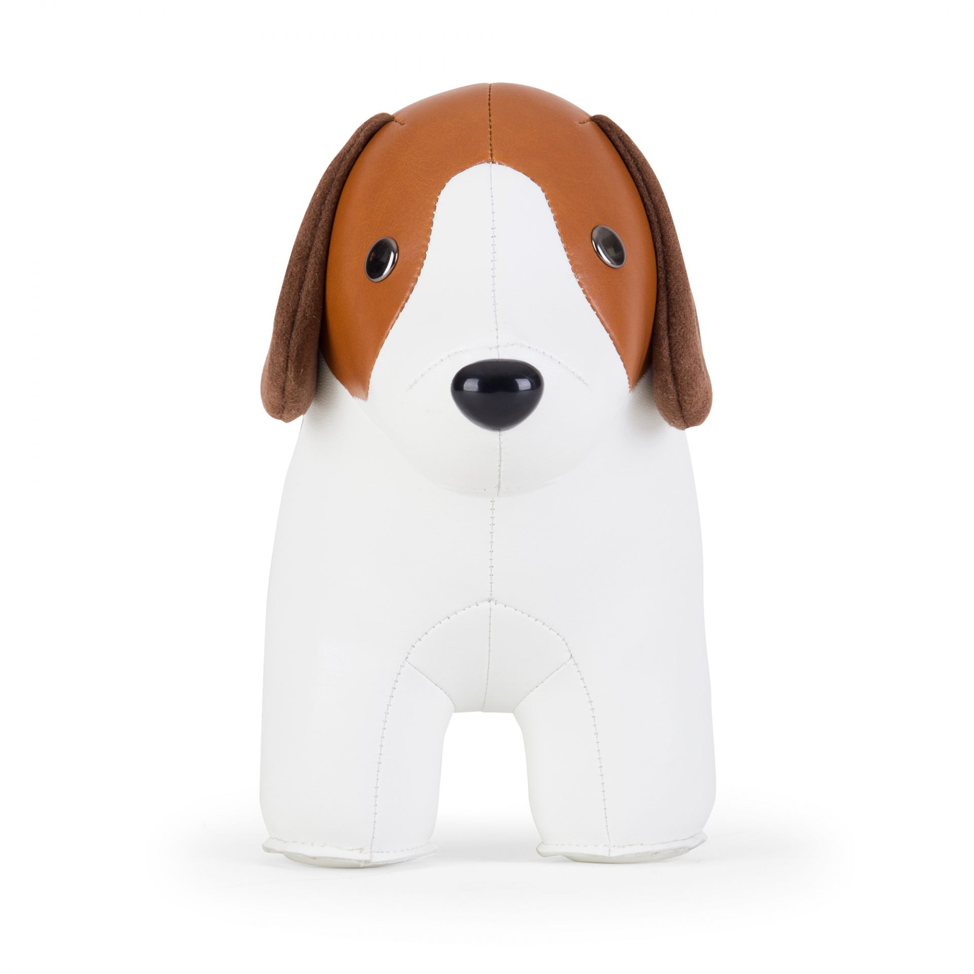 Türstopper in Beagle-Form, weiß und hellbraun, aus Kunstleder, dekorativ und funktional.