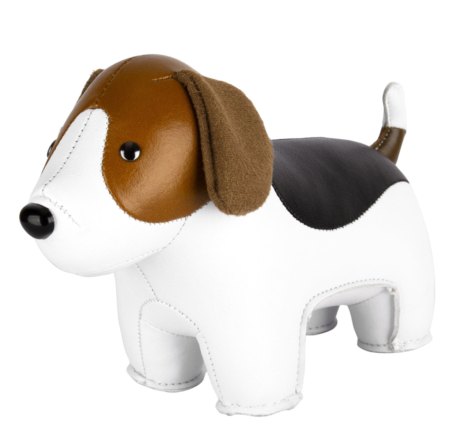 Briefbeschwerer Beagle Züny: Niedlicher Deko-Hund aus Kunstleder in Weiß, Braun und Schwarz.