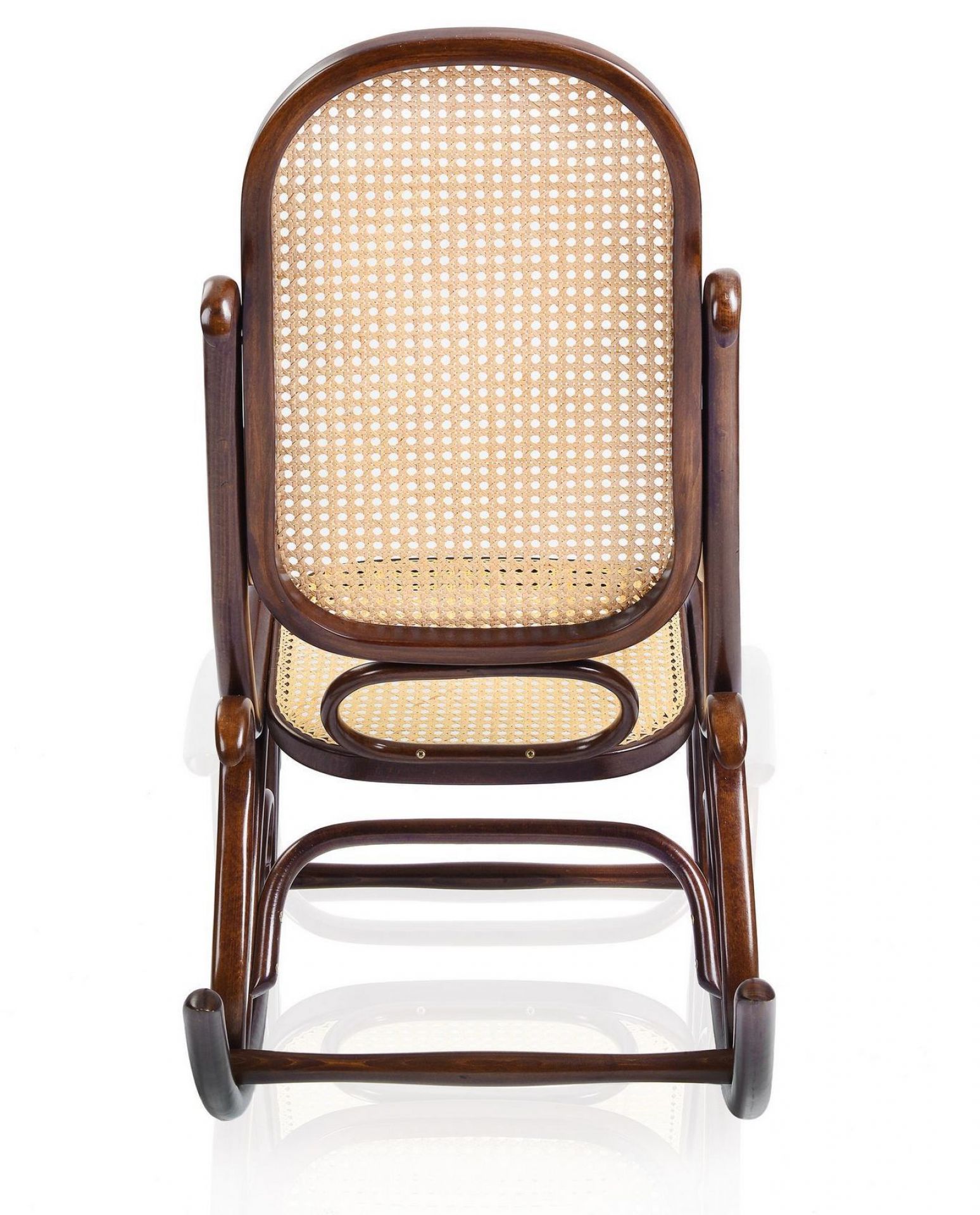 Ansicht von hinten: Dunkelbrauner Wiener Schaukelstuhl mit Wiener Geflecht für entspanntes Sitzen.